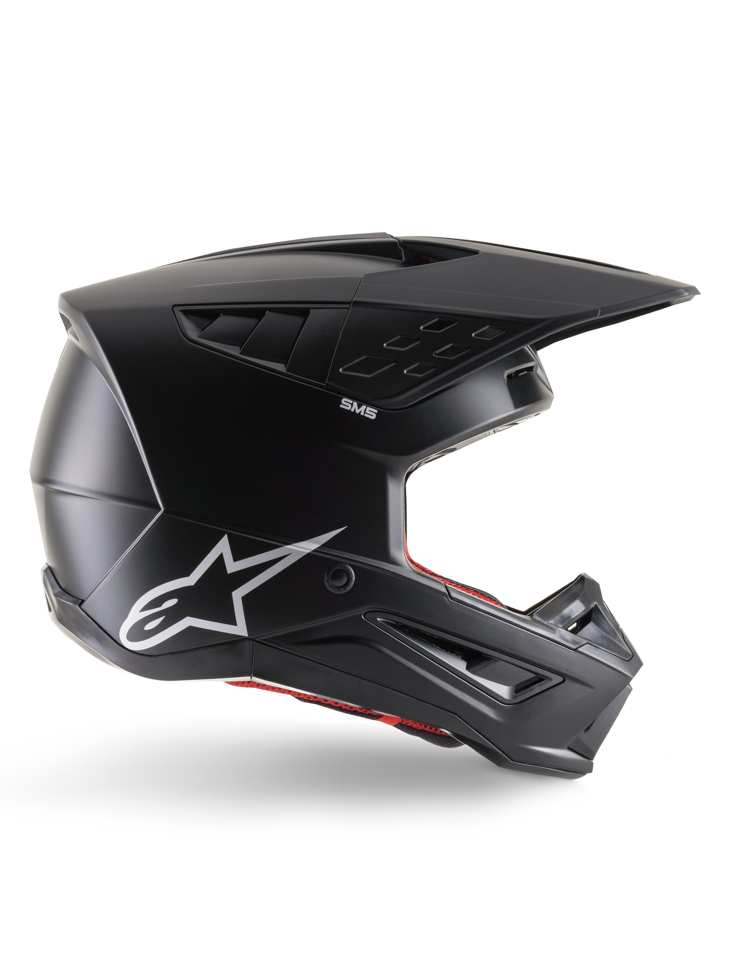 Alpinestars S-M5 Solid hjelm, motocross-hjelm, matsort med hvidt Alpinestars stjerne-logo og rødt indvendigt for, aerodynamisk design med flere ventilationsåbninger og langt visir, ECE 22.06-certificeret off-road-beskyttelse