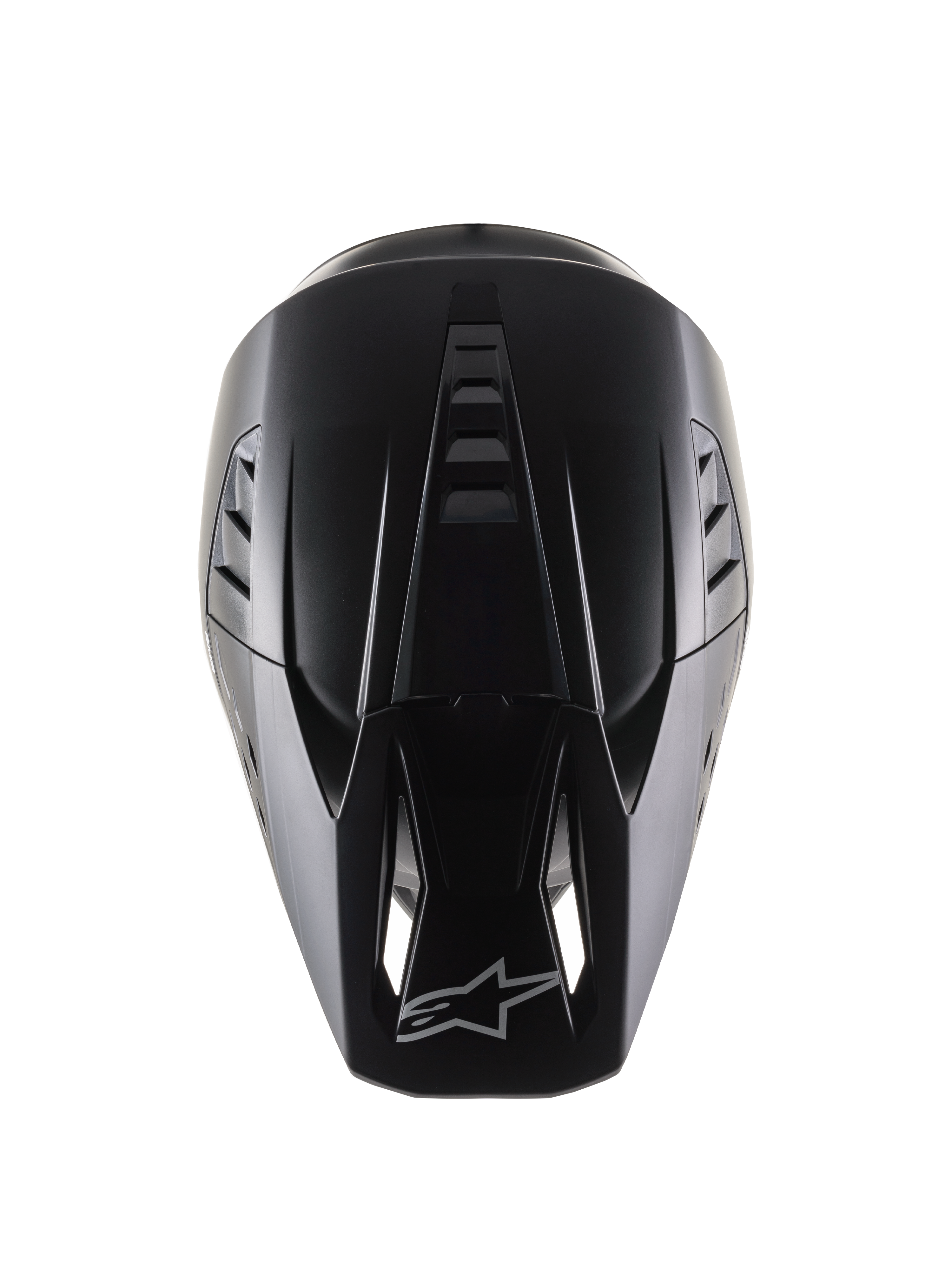 Alpinestars S-M5 Solid Helmet ECE 22.06, Motocross Helmet, Black Matt, top-down view showing the aerodynamic shell with ventilation ridges, visor featuring air intake ports and Alpinestars logo, sleek matte finish designed for off-road racing.