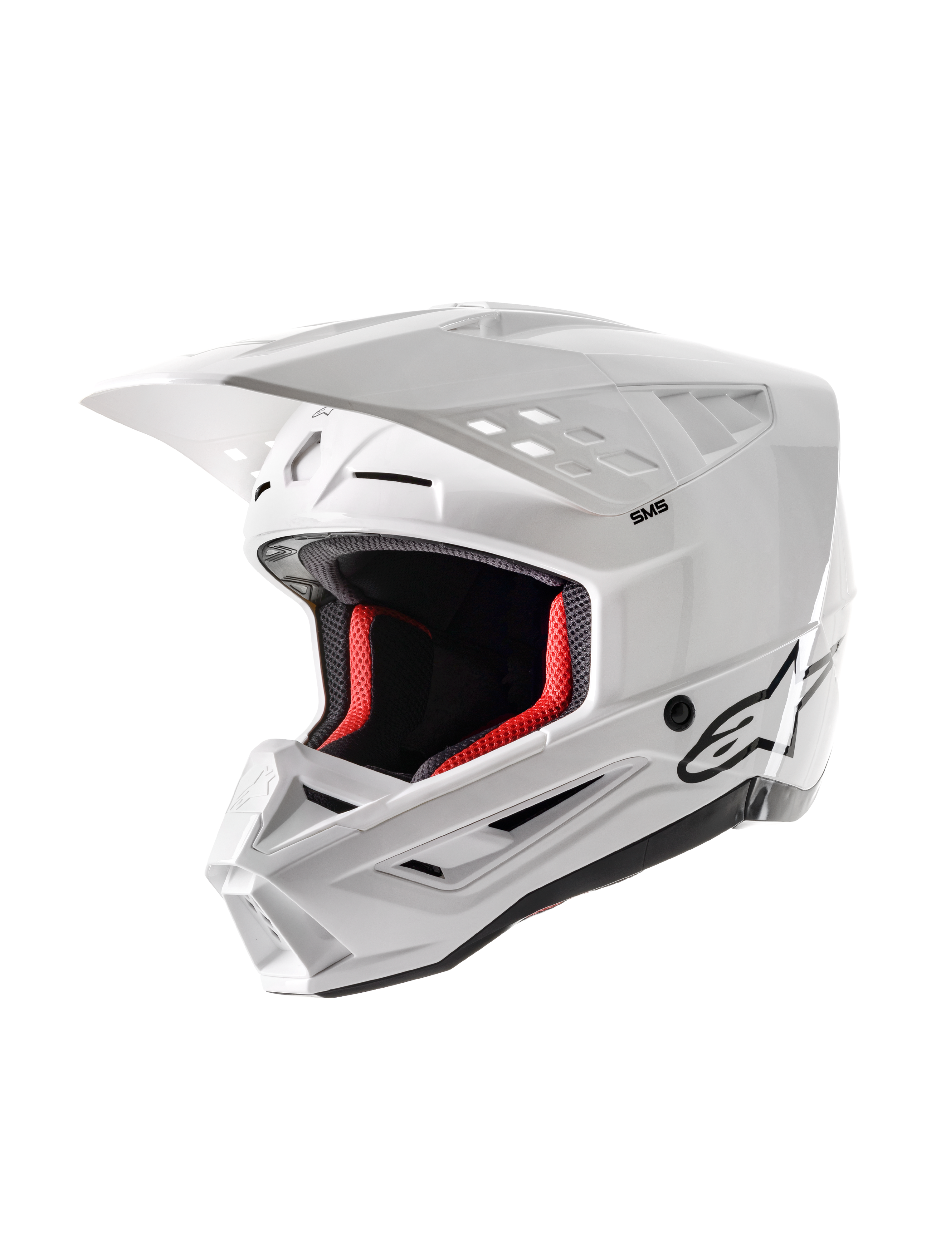 Alpinestars S-M5 Solid Helmet ECE 22.06, Motocross Helmet, White Glossy, featuring red interior padding, black Alpinestars logo, aerodynamic visor, and multiple ventilation ports for off-road racing protection