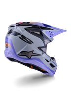 Alpinestars S-M3 Jettson ungdomshjelm, motocrosshjelm, grå, lilla og sort blank, set bagfra i trekvart profil, med lilla visir, sort Alpinestars-logo og flere ventilationsåbninger, strømlinet design til off-road racing for unge
