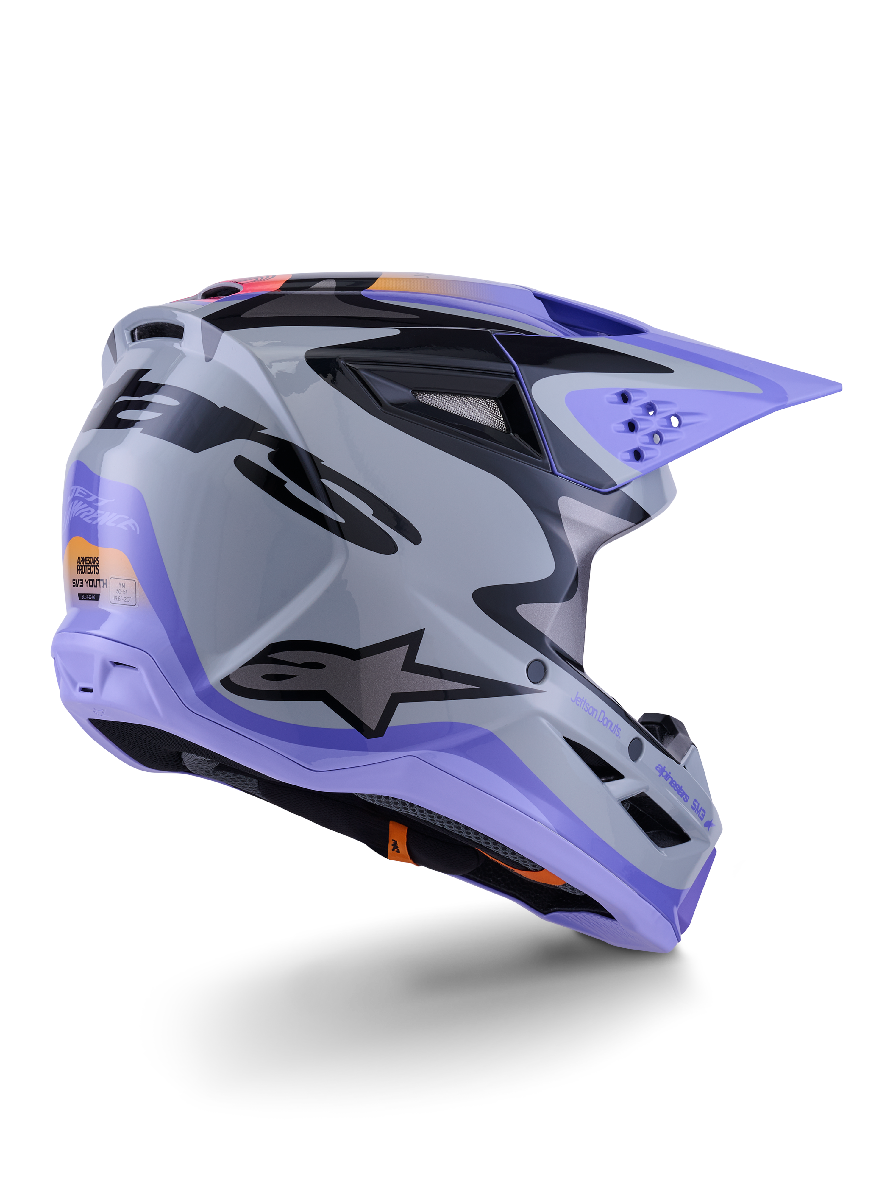 Alpinestars S-M3 Jettson ungdomshjelm, motocrosshjelm, grå, lilla og sort blank, set bagfra i trekvart profil, med lilla visir, sort Alpinestars-logo og flere ventilationsåbninger, strømlinet design til off-road racing for unge