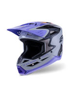Alpinestars S-M3 Jettson ungdomshjelm ECE 22.06, motocrosshjelm, grå, lilla og blank sort, med lilla visir og hageparti, aerodynamisk skal med ventilationsåbninger i mesh, markant grafik til off-road ræs for unge