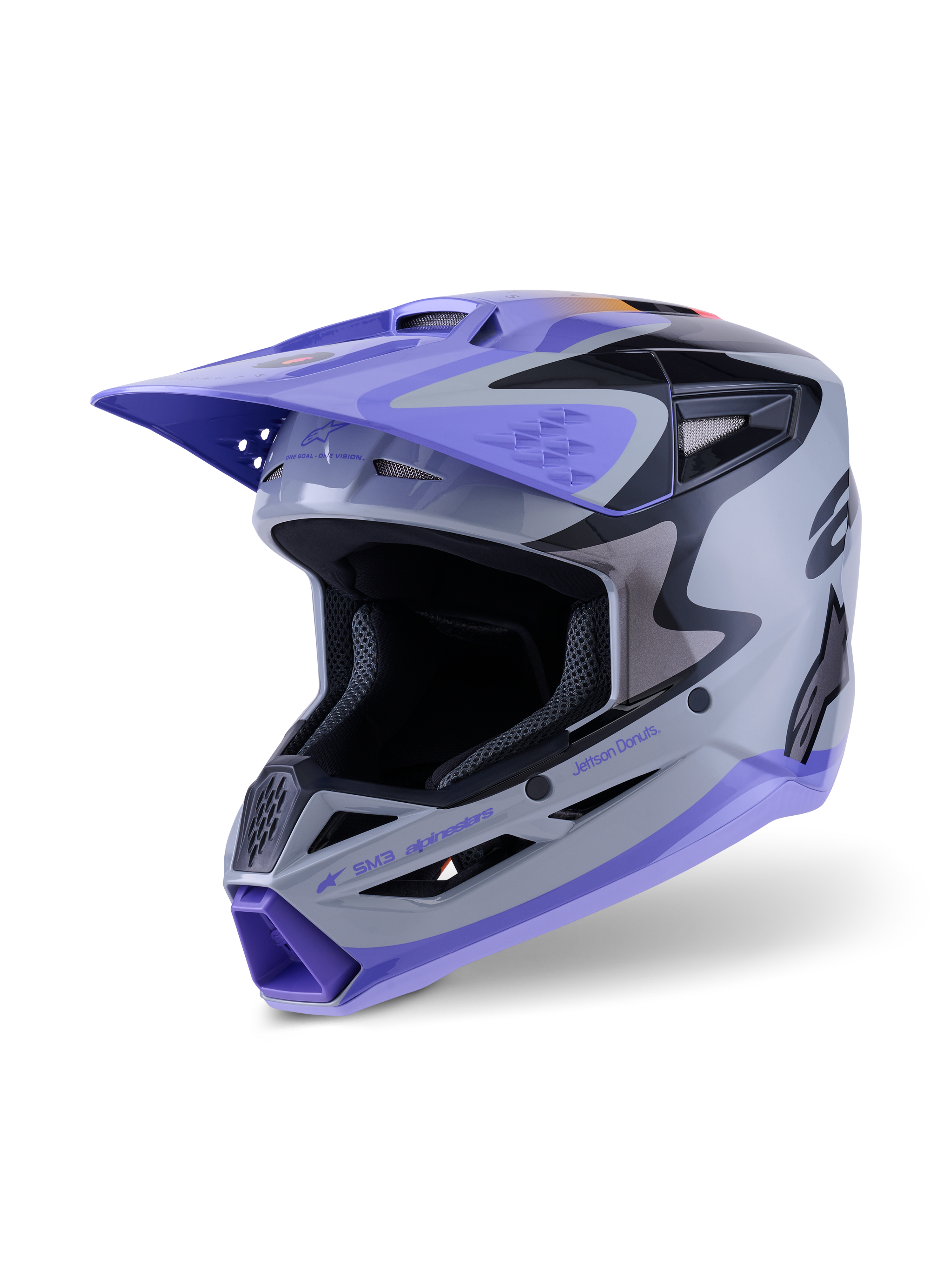 Alpinestars S-M3 Jettson ungdomshjelm ECE 22.06, motocrosshjelm, grå, lilla og blank sort, med lilla visir og hageparti, aerodynamisk skal med ventilationsåbninger i mesh, markant grafik til off-road ræs for unge