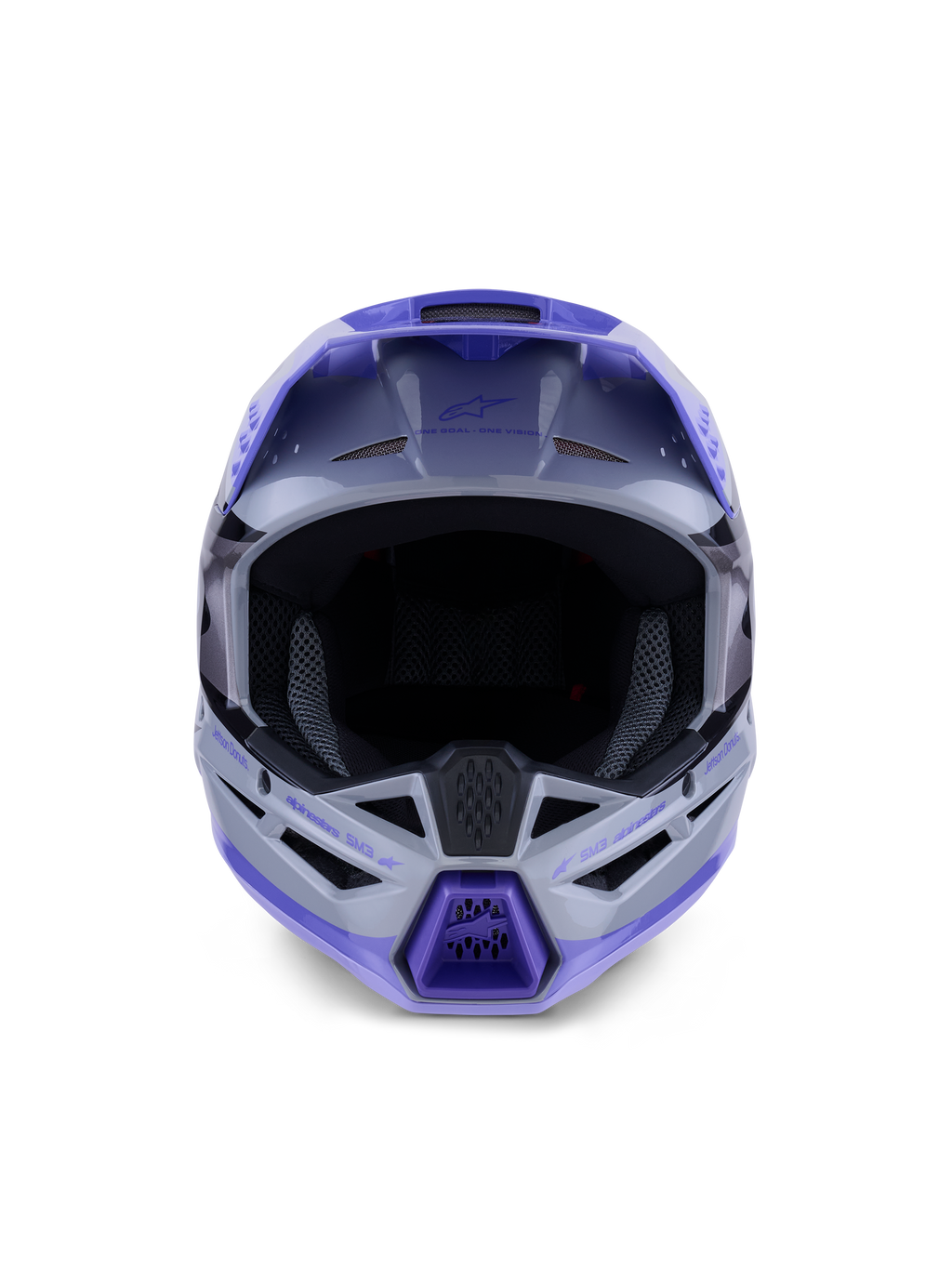 Alpinestars S-M3 Jettson hjelm, motocross-hjelm, grå, lilla og sort blank, set forfra med et bredt synsfelt og ventileret hagebeskytter med lilla detaljer, strømlinet termo-injiceret skaldesign til off-road kørsel