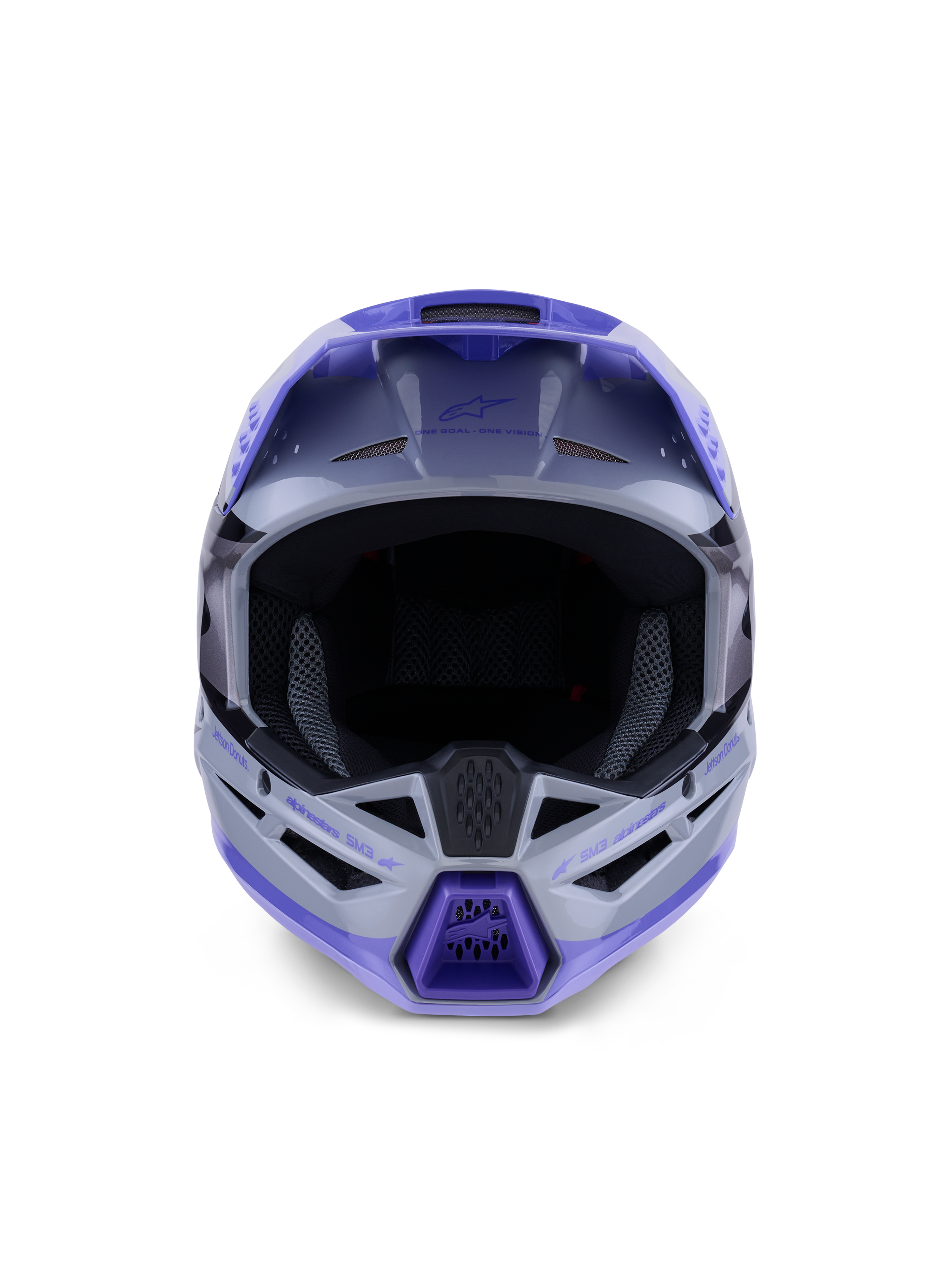 Alpinestars S-M3 Jettson ungdomshjelm, motocrosshjelm, grå, lilla og sort blank finish, set forfra med stor åbning til goggles og ventileret hagebeskytter, professionel off-road hovedbeskyttelse.