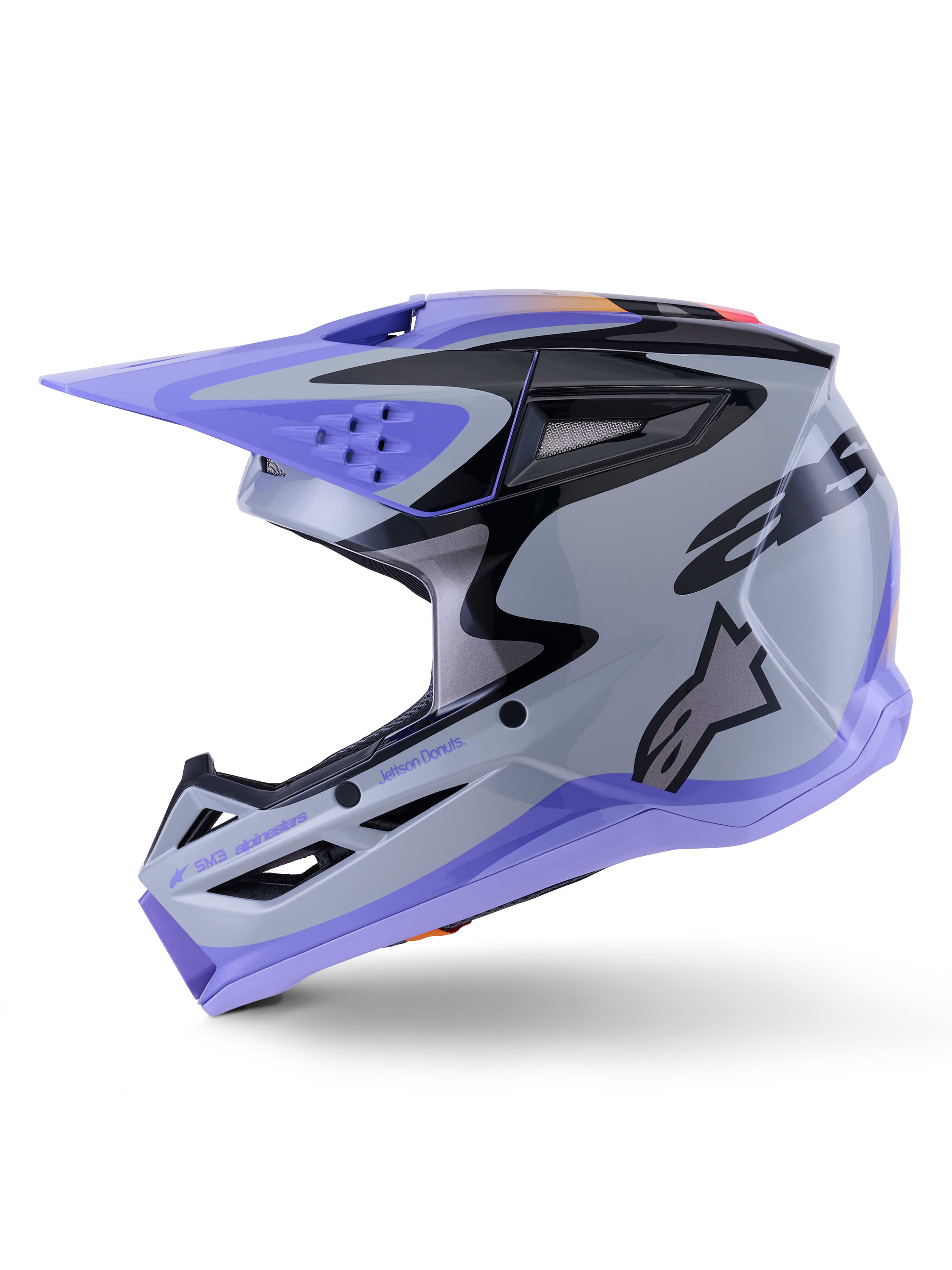 Alpinestars S-M3 Jettson ungdomshjelm, motocrosshjelm, grå, lilla og sort blank, med lilla visir og kant forneden, sorte grafiske mønstre med logo på siden, professionel hovedbeskyttelse til off-road racing for unge