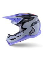 Alpinestars S-M3 Jettson hjelm, motocross-hjelm, blank grå, lilla og sort, sideprofil med strømlinet grafik og justerbart visir, med flere ventilationsåbninger og Alpinestars-branding, højtydende off-road beskyttelse