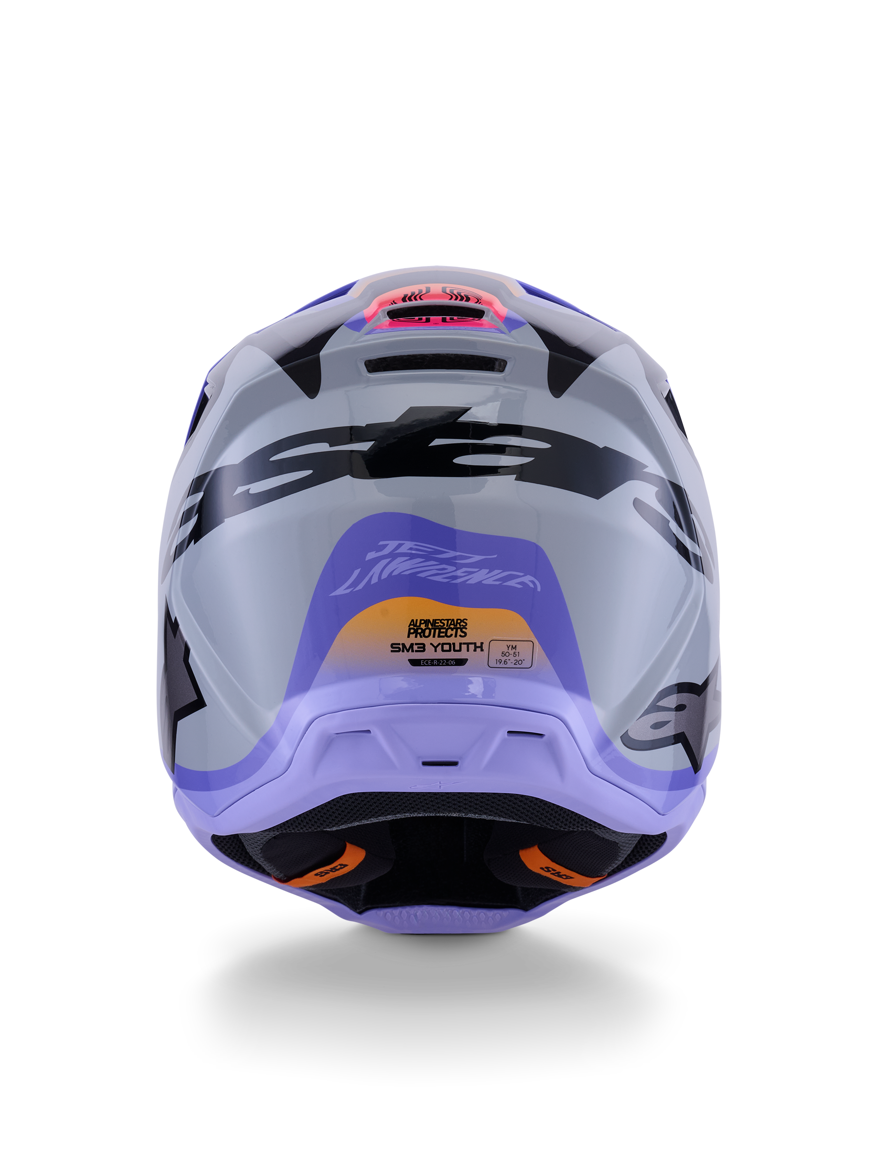 Alpinestars S-M3 Jettson ungdomshjelm ECE 22.06, motocrosshjelm, set bagfra i grå, lilla og sort blank finish, med Jett Lawrence-signaturgrafik, markant sort branding, ventilationsåbninger, blank finish til off-road racing