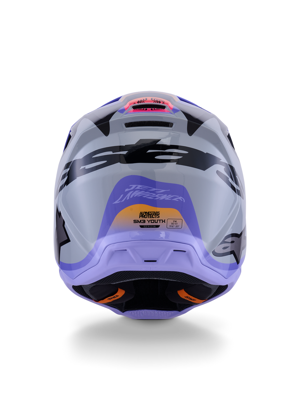 Alpinestars S-M3 Jettson hjelm til unge, set bagfra, grå med lilla og sort blank grafik, med Jett Lawrence signaturdesign og Alpinestars-logoer, off-road motocrosshjelm