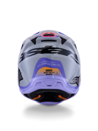 Alpinestars S-M3 Jettson hjelm til unge, set bagfra, grå med lilla og sort blank grafik, med Jett Lawrence signaturdesign og Alpinestars-logoer, off-road motocrosshjelm