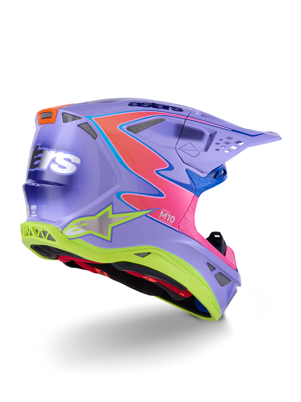 Alpinestars Supertech M10 Jett Lawrence R01-hjelm, motocross-hjelm, lilla med lyserøde og neon-gule detaljer, markant grafisk design med Alpinestars-branding, aerodynamisk skal med ventilationsporte og et beskyttende visir.