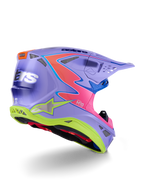 Alpinestars Supertech M10 Jett Lawrence R01-hjelm, motocross-hjelm, lilla med lyserøde og neon-gule detaljer, markant grafisk design med Alpinestars-branding, aerodynamisk skal med ventilationsporte og et beskyttende visir.
