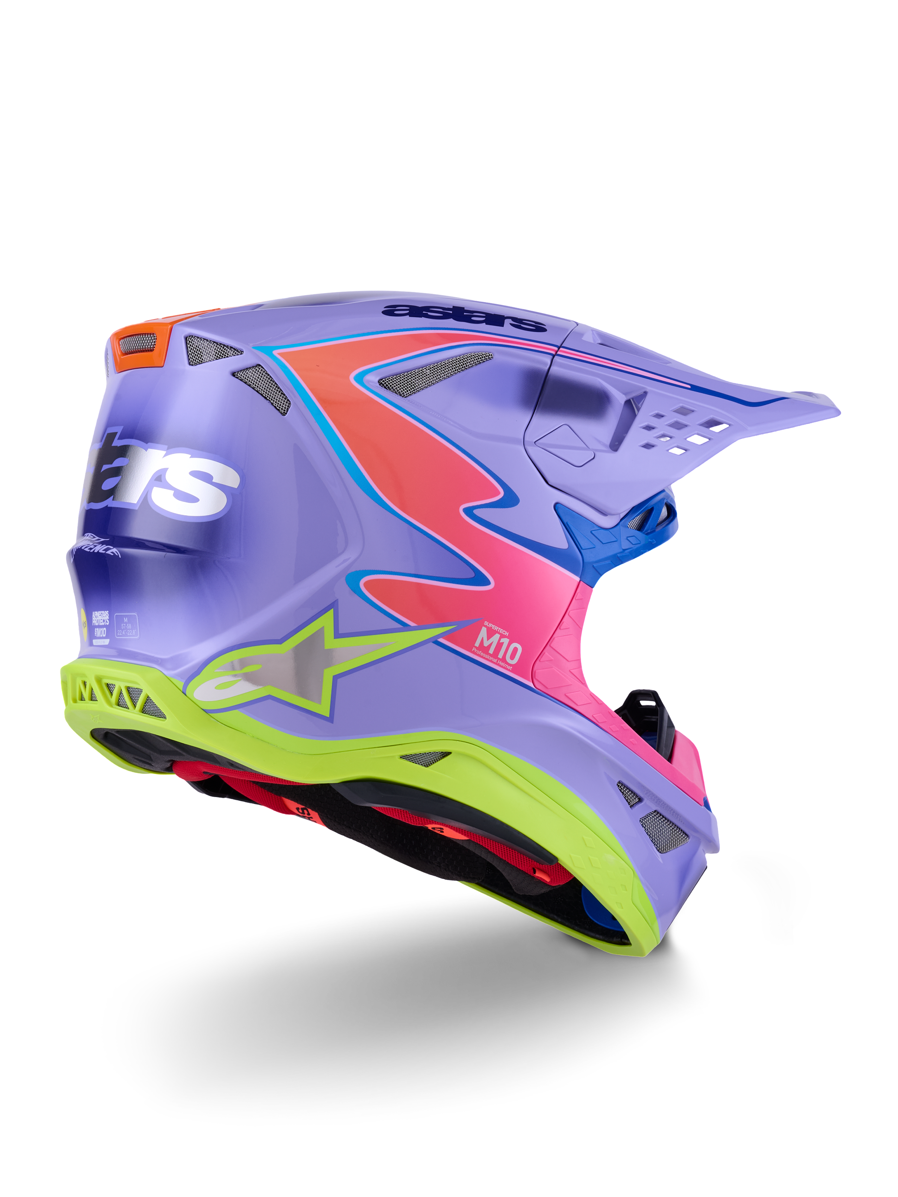 Alpinestars Supertech M10 Jett Lawrence R01-hjelm, motocross-hjelm, lilla med lyserøde og neon-gule detaljer, markant grafisk design med Alpinestars-branding, aerodynamisk skal med ventilationsporte og et beskyttende visir.