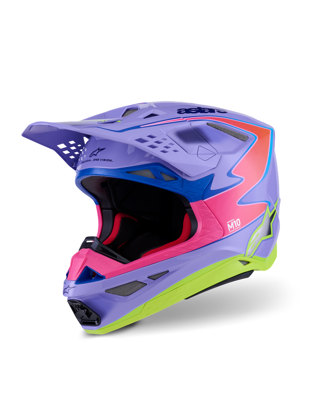 Alpinestars Supertech M10 Jett Lawrence R01-hjelm, motocross-hjelm, blank lilla, lyserød og fluorescerende gul, aerodynamisk design med multi-komposit carbon-skal, adskillige ventilationsporte og levende racing-grafik til terrænkørsel