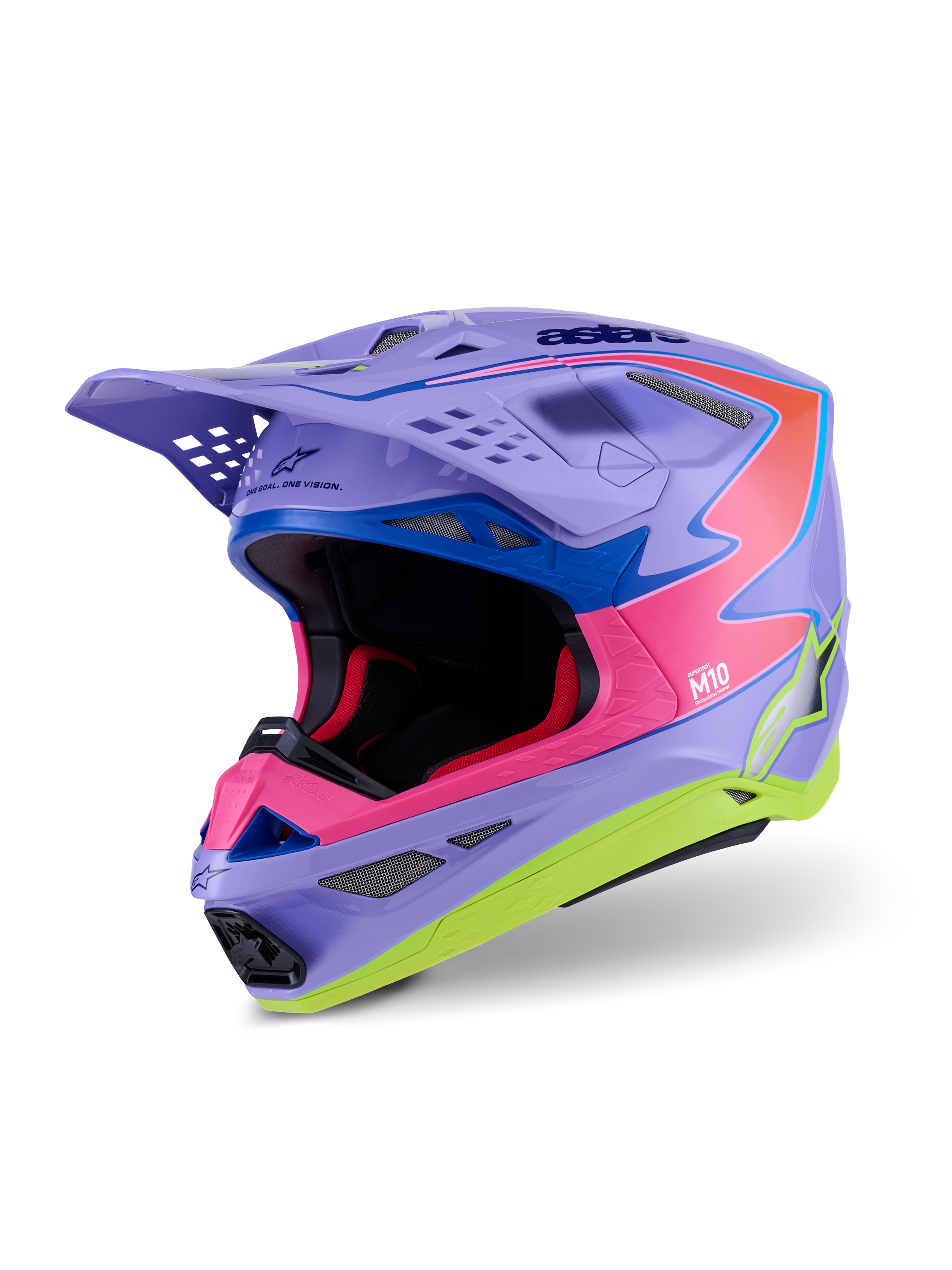 Alpinestars Supertech M10 Jett Lawrence R01-hjelm, motocross-hjelm, blank lilla, lyserød og fluorescerende gul, aerodynamisk design med multi-komposit carbon-skal, adskillige ventilationsporte og levende racing-grafik til terrænkørsel