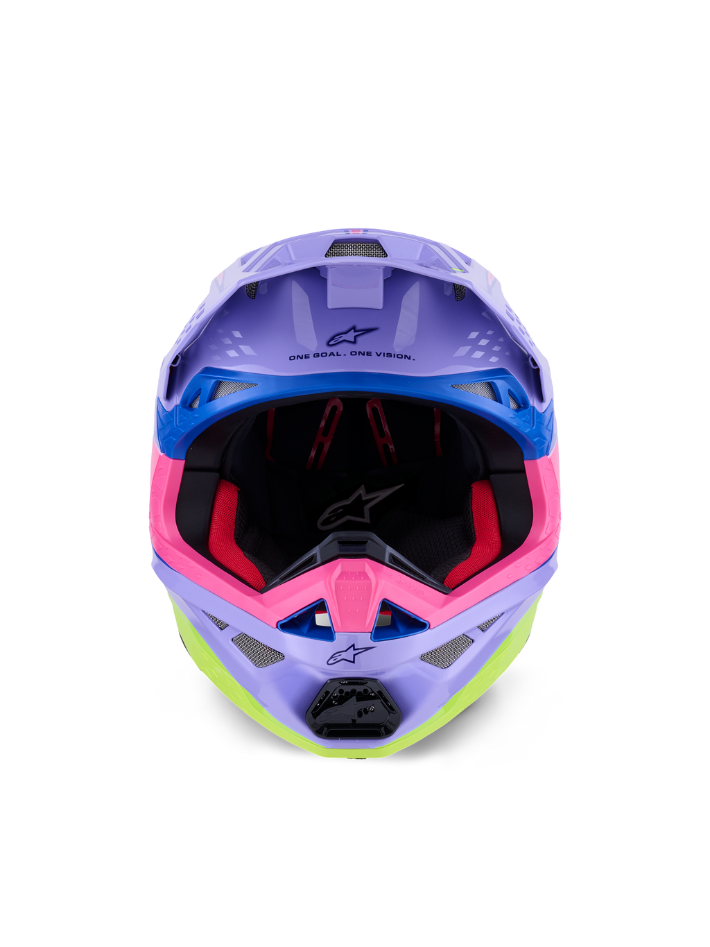 Alpinestars Supertech M10 Jett Lawrence R01-hjelm, motocross-hjelm, lilla, pink og neon-gul glans, set forfra med synlig indvendig polstring og hagebeskytter, 'ONE GOAL. ONE VISION.' trykt under visiret, farverig racing-grafik med blå accenter