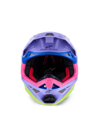 Alpinestars Supertech M10 Jett Lawrence R01-hjelm, motocross-hjelm, lilla, pink og neon-gul glans, set forfra med synlig indvendig polstring og hagebeskytter, 'ONE GOAL. ONE VISION.' trykt under visiret, farverig racing-grafik med blå accenter