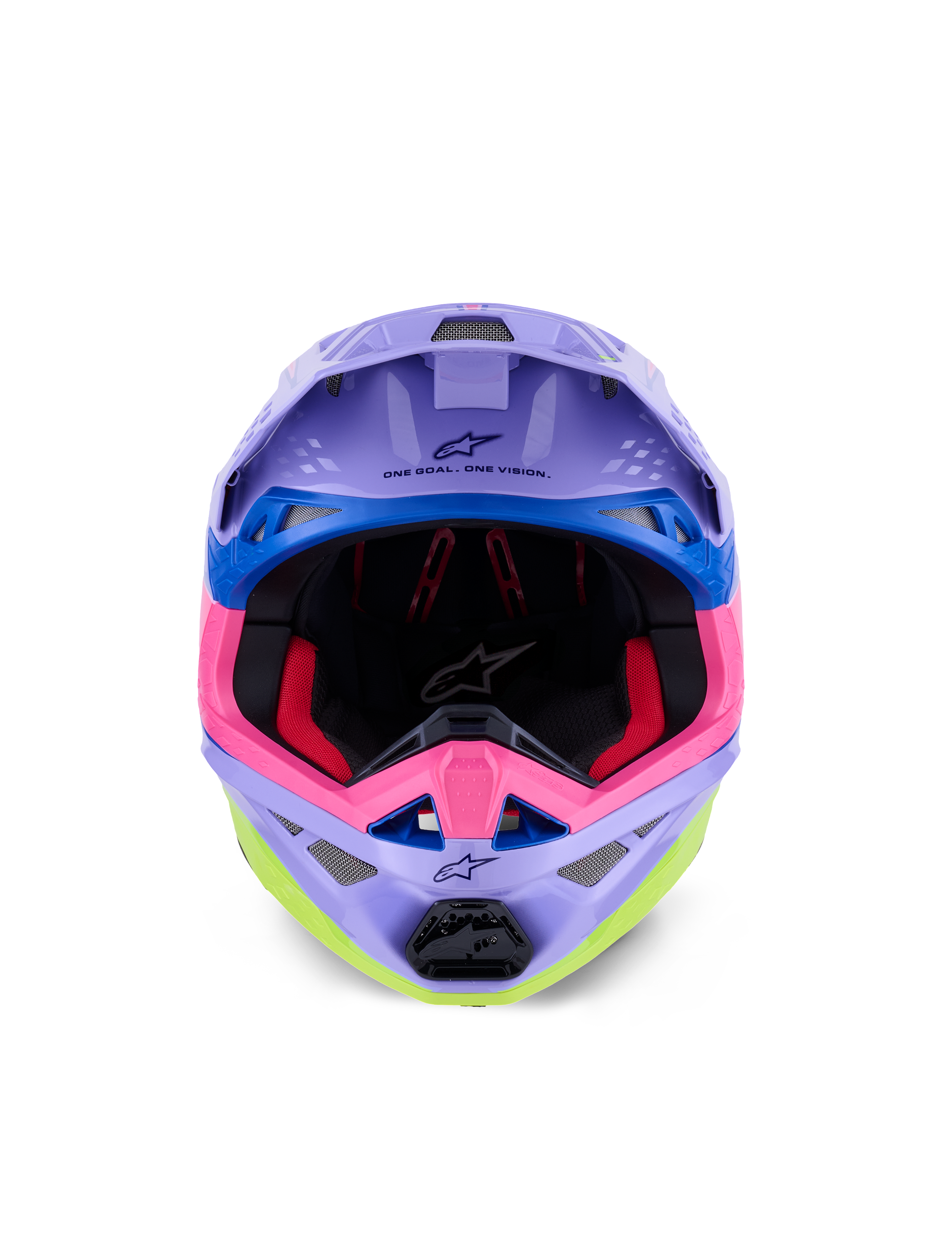 Alpinestars Supertech M10 Jett Lawrence R01-hjelm, motocross-hjelm, lilla, pink og neon-gul glans, set forfra med synlig indvendig polstring og hagebeskytter, 'ONE GOAL. ONE VISION.' trykt under visiret, farverig racing-grafik med blå accenter
