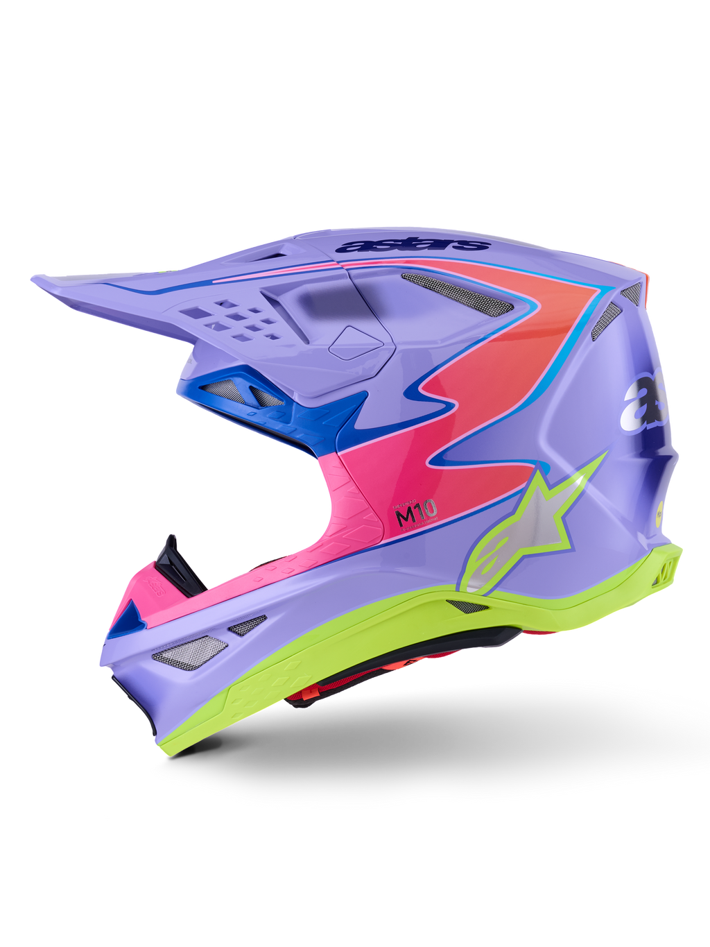 Alpinestars Supertech M10 Jett Lawrence R01-hjelm, motocross-hjelm, lilla med pink og neon gule accenter, sideprofil med en aerodynamisk carbonskal, sølvstjernelogo, flere ventilationsporte og markant grafisk design til professionel motocross-racing.