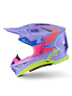 Alpinestars Supertech M10 Jett Lawrence R01-hjelm, motocross-hjelm, lilla med pink og neon gule accenter, sideprofil med en aerodynamisk carbonskal, sølvstjernelogo, flere ventilationsporte og markant grafisk design til professionel motocross-racing.