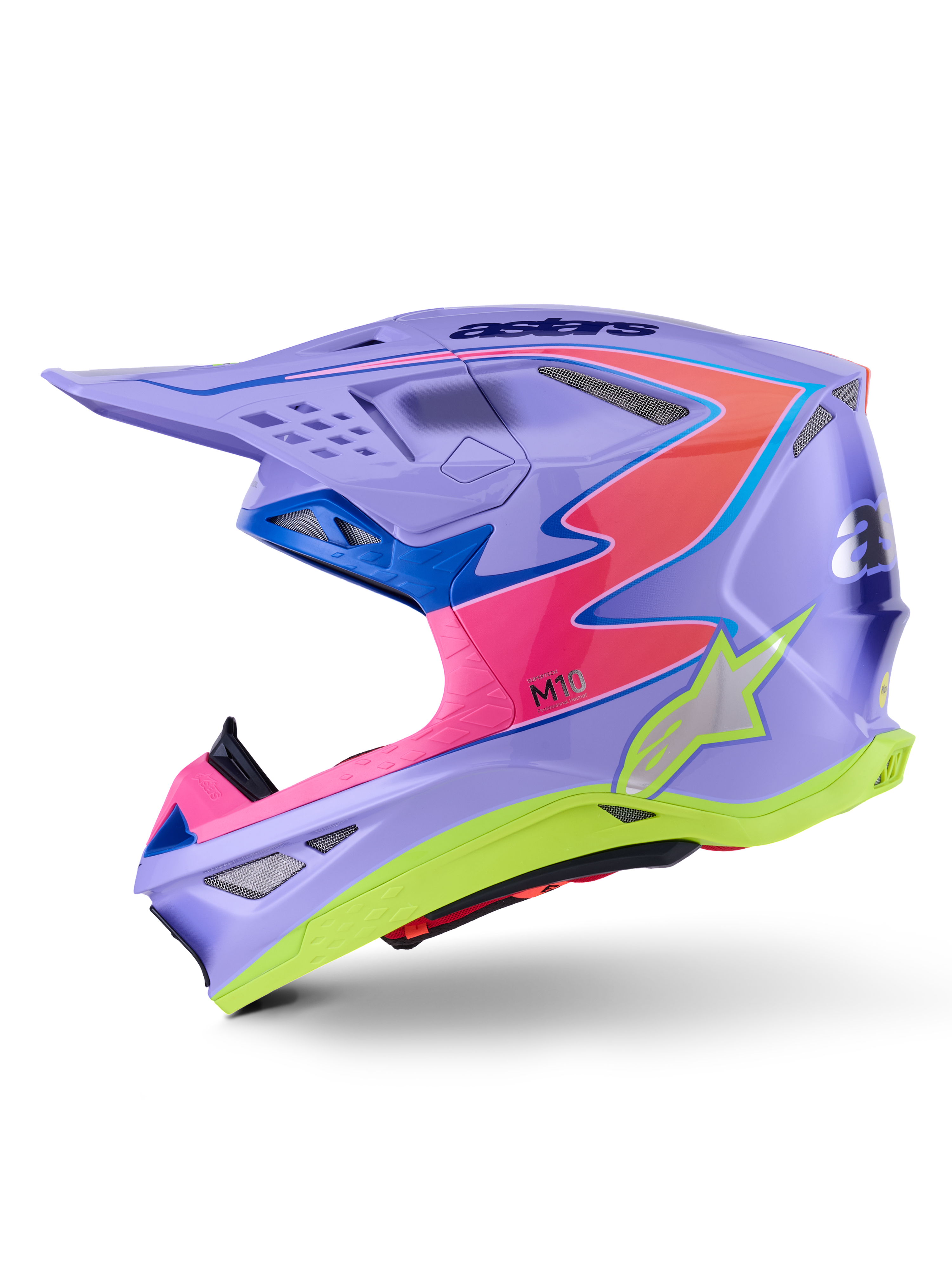 Alpinestars Supertech M10 Jett Lawrence R01-hjelm, motocross-hjelm, lilla med pink og neon gule accenter, sideprofil med en aerodynamisk carbonskal, sølvstjernelogo, flere ventilationsporte og markant grafisk design til professionel motocross-racing.