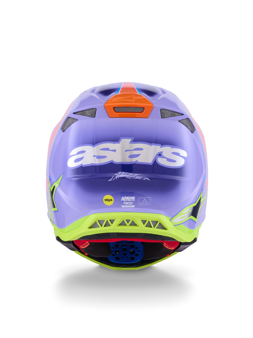 Alpinestars Supertech M10 Jett Lawrence R01-hjelm, motocross-hjelm, lilla, pink og neon-gul, set bagfra med markant hvidt astars-logo, Jett Lawrence-signatur og flere ventilationsåbninger, strømlinet aerodynamisk design til off-road racing