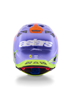 Alpinestars Supertech M10 Jett Lawrence R01-hjelm, motocross-hjelm, lilla, pink og neon-gul, set bagfra med markant hvidt astars-logo, Jett Lawrence-signatur og flere ventilationsåbninger, strømlinet aerodynamisk design til off-road racing