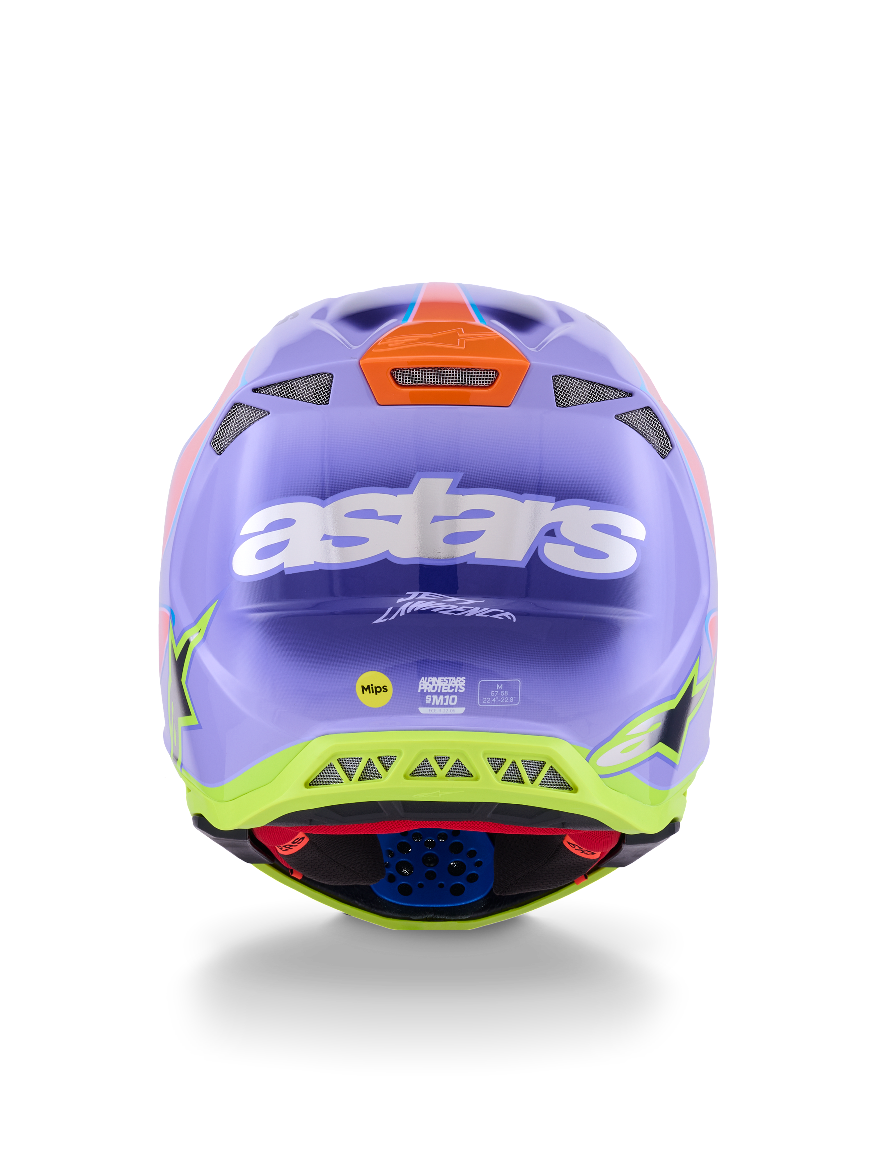 Alpinestars Supertech M10 Jett Lawrence R01-hjelm, motocross-hjelm, lilla, pink og neon-gul, set bagfra med markant hvidt astars-logo, Jett Lawrence-signatur og flere ventilationsåbninger, strømlinet aerodynamisk design til off-road racing