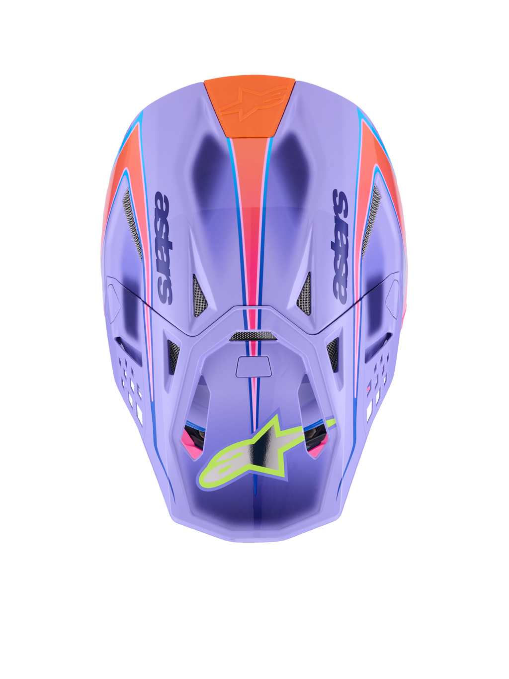 Alpinestars Supertech M10 Jett Lawrence R01 hjelm, motocrosshjelm, lilla med pink og orange grafik, top-down visning, der viser ventilationsporte og aerodynamisk skal, neongult stjerne-logo på visiret, avanceret kulfiberkonstruktion til off-road racing