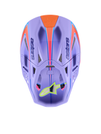 Alpinestars Supertech M10 Jett Lawrence R01 hjelm, motocrosshjelm, lilla med pink og orange grafik, top-down visning, der viser ventilationsporte og aerodynamisk skal, neongult stjerne-logo på visiret, avanceret kulfiberkonstruktion til off-road racing