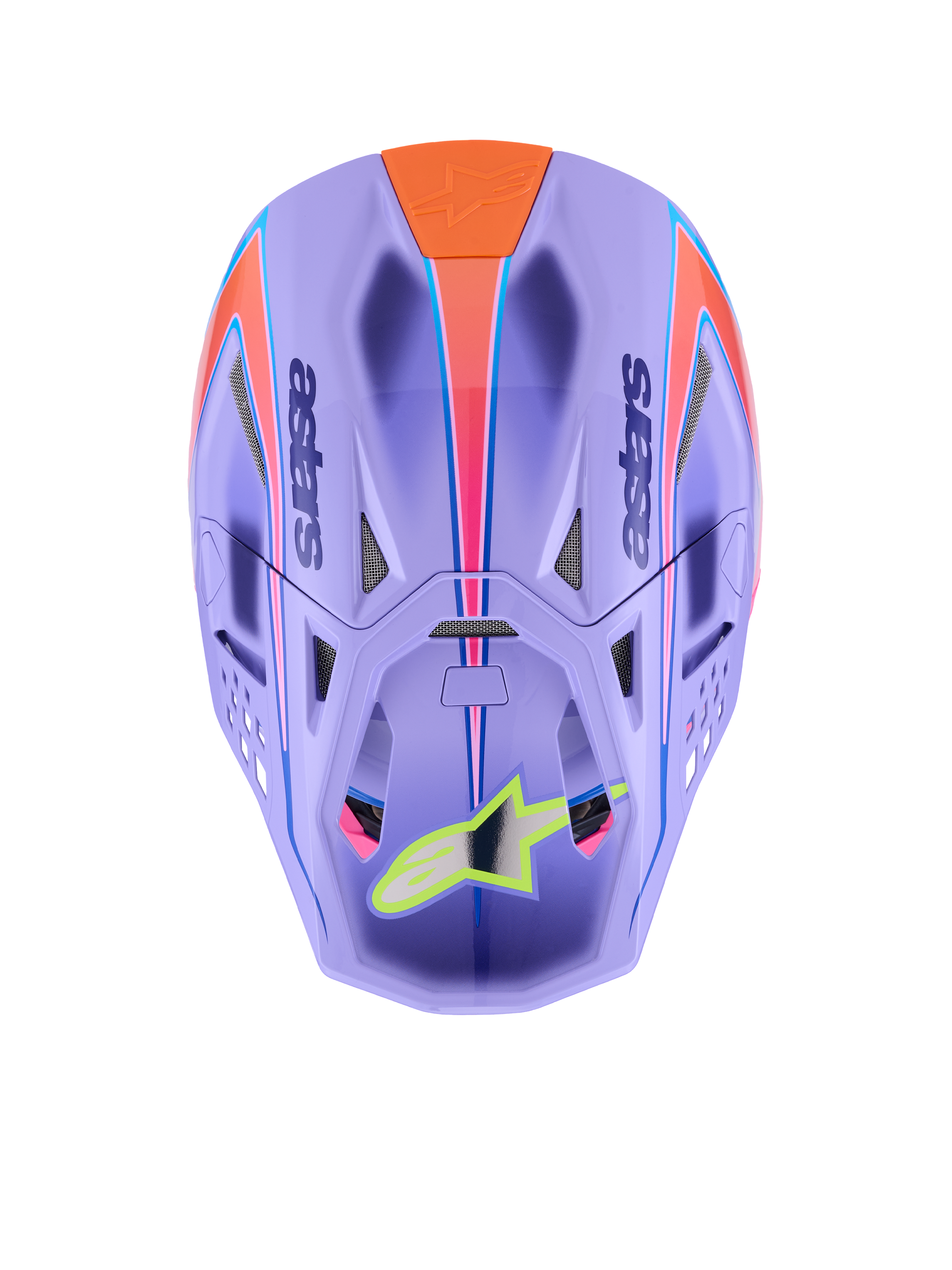 Alpinestars Supertech M10 Jett Lawrence R01 hjelm, motocrosshjelm, lilla med pink og orange grafik, top-down visning, der viser ventilationsporte og aerodynamisk skal, neongult stjerne-logo på visiret, avanceret kulfiberkonstruktion til off-road racing