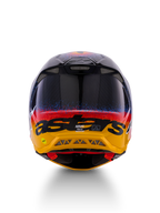 Alpinestars Limited Edition Supertech M10 Black Hole Helmet, Motocross Helmet, Rear View, featuring a Black Burst Glossy finish with blue and red splatter transitioning to a bright yellow base, black 'astars' branding, and visible exhaust vents for optimized airflow.