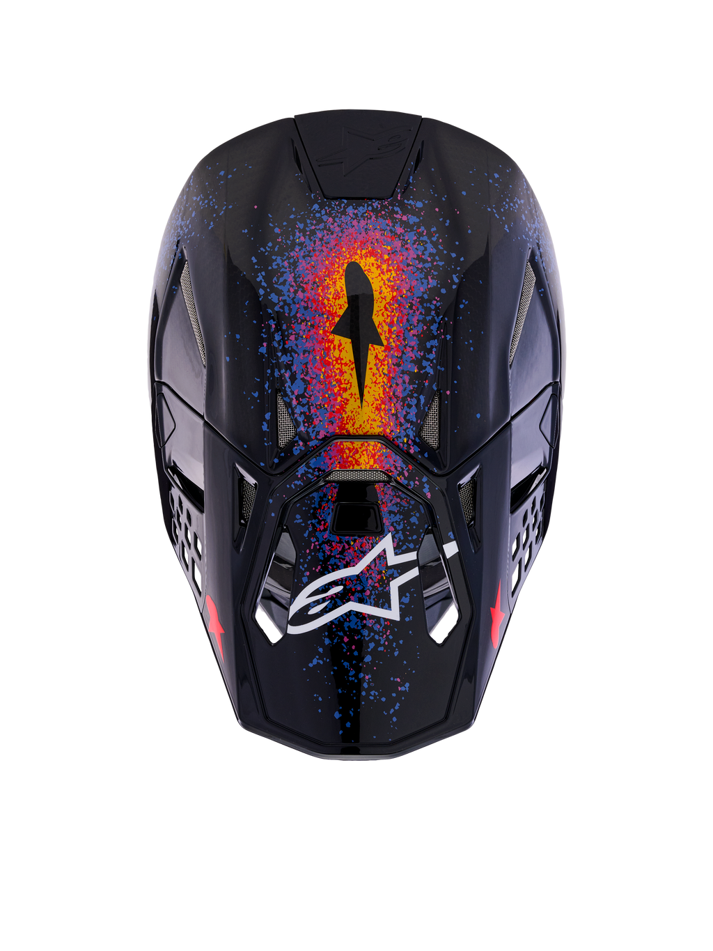 Alpinestars Limited Edition Supertech M10 Black Hole Helmet, Motocross Helmet, Black Burst Glossy, top-down view showing vibrant orange, red, and blue galaxy-inspired graphics, glossy finish with white Alpinestars logo on the visor.