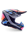 Alpinestars Limited Edition Supertech M10 Records hjelm, motocross-hjelm, flerfarvet blank, med en mørkeblå base og livlig lyserød, orange og lyseblå Records-grafik, sideprofil der viser den aerodynamiske skal, visiret og ventilationsportene