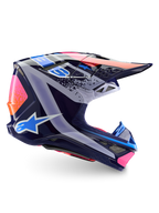 Alpinestars Limited Edition Supertech M10 Records hjelm, motocross-hjelm, flerfarvet blank, med en mørkeblå base og livlig lyserød, orange og lyseblå Records-grafik, sideprofil der viser den aerodynamiske skal, visiret og ventilationsportene