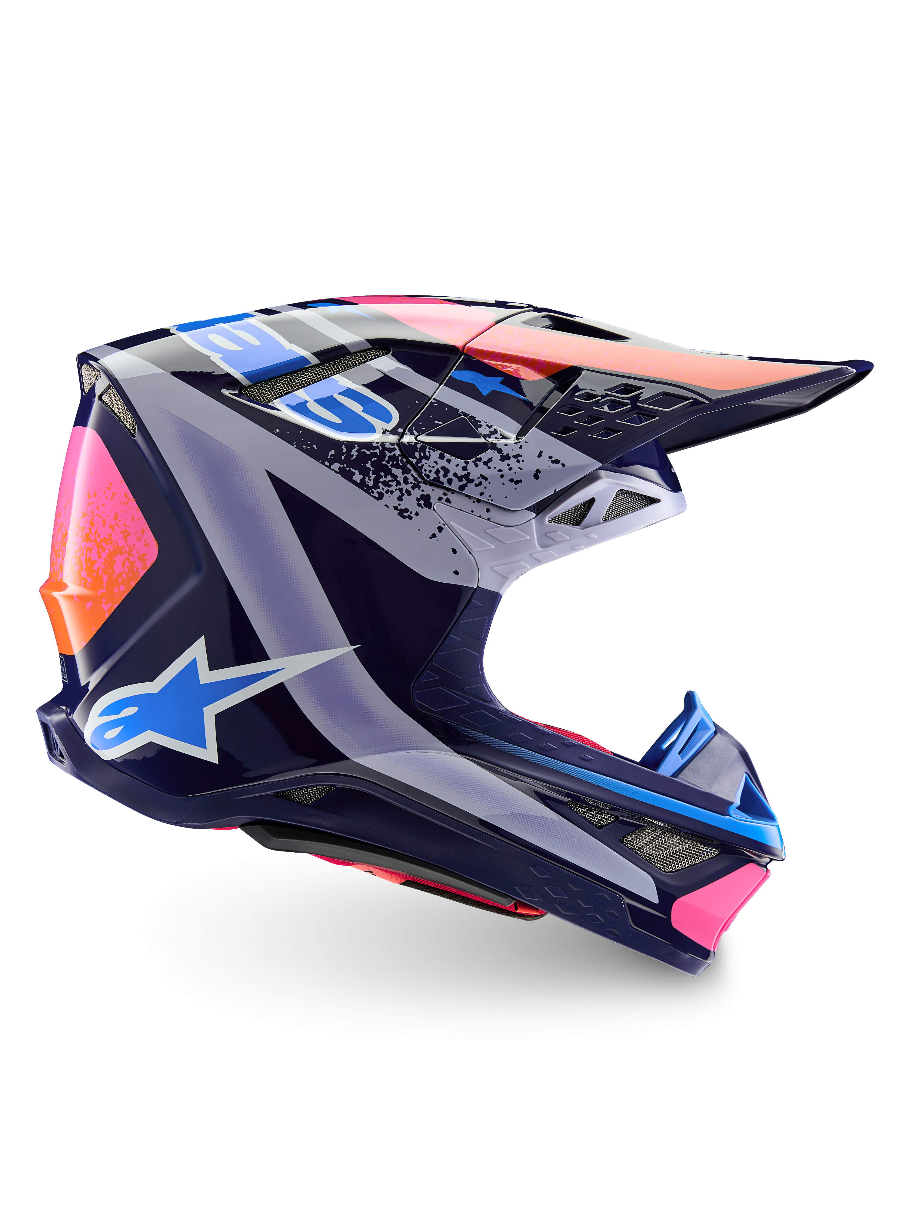 Alpinestars Limited Edition Supertech M10 Records hjelm, motocross-hjelm, flerfarvet blank, med en mørkeblå base og livlig lyserød, orange og lyseblå Records-grafik, sideprofil der viser den aerodynamiske skal, visiret og ventilationsportene