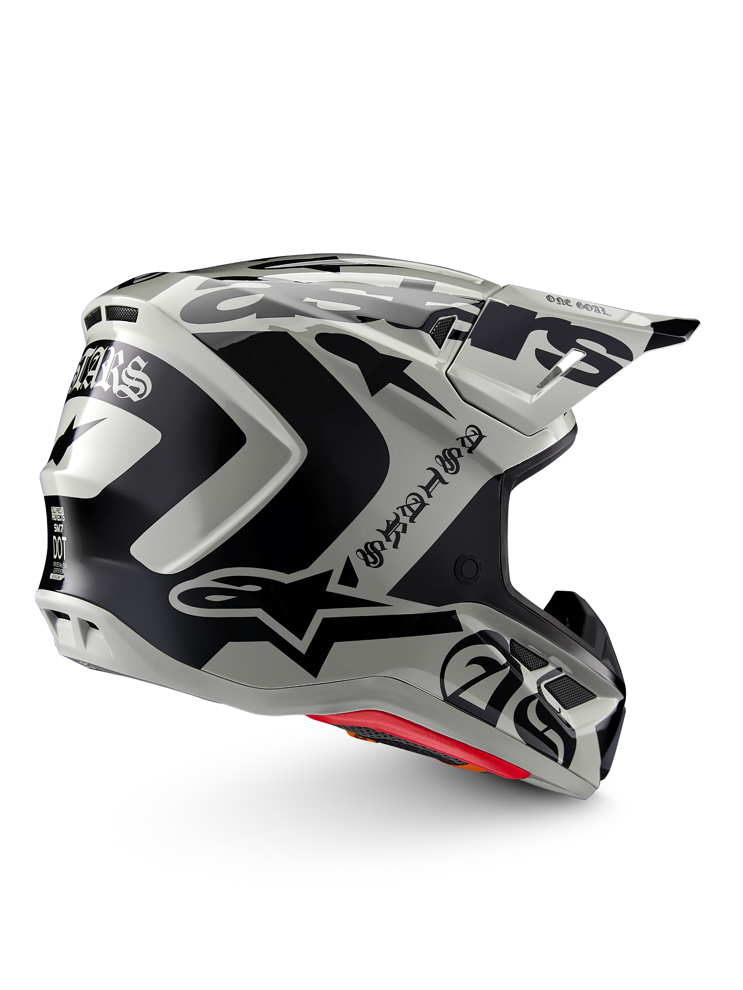 Alpinestars Limited Edition S-M7 Wolf Dust Helmet, Motocross Helmet, Dune Black Glossy, light gray shell with bold black Alpinestars graphics and Gothic-style text, streamlined aerodynamic design with multiple ventilation ports, red internal padding, high-performance off-road head protection