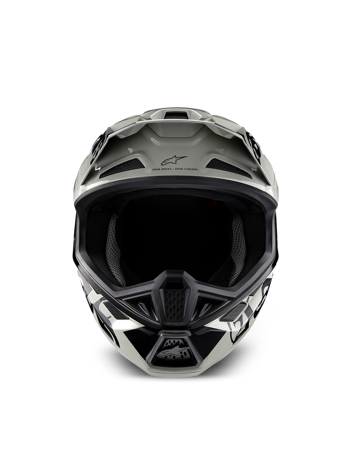 Alpinestars Limited Edition S-M7 Wolf Dust hjelm, motocrosshjelm, Dune Black Glossy med hvid og sort grafik, set forfra med den brede åbning til briller og flere ventilationsindtag, aerodynamisk visir med Alpinestars-logo og 'One Goal One Vision'-tekst, specialiseret hovedbeskyttelse til off-road racing
