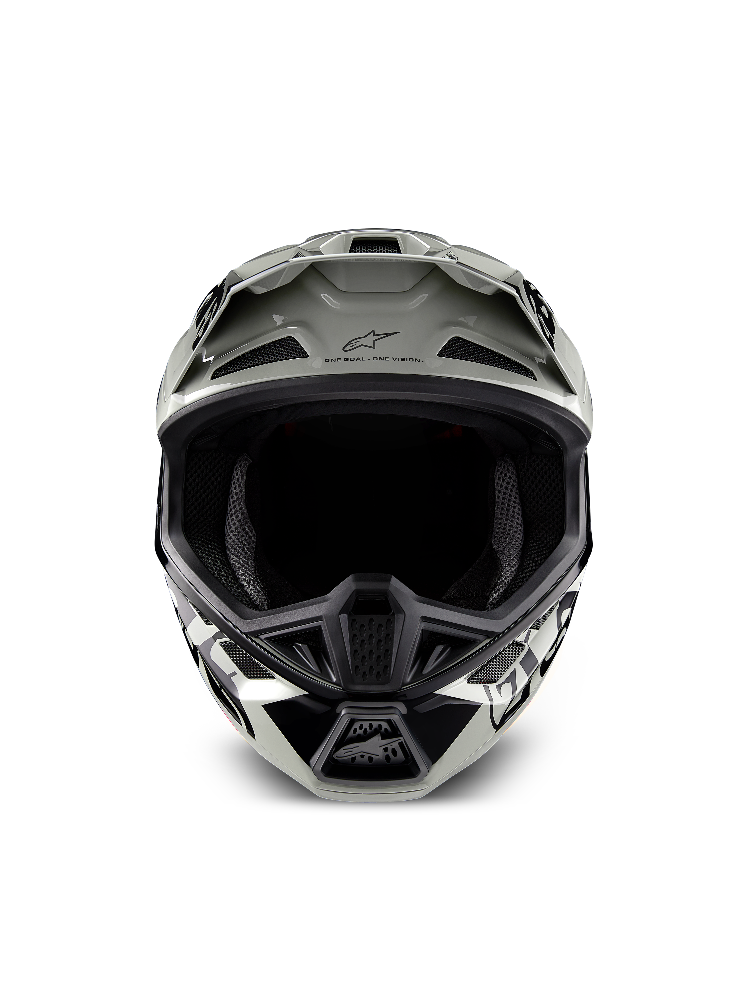 Alpinestars Limited Edition S-M7 Wolf Dust Helmet, Motocross Helmet, Dune Black Glossy with white and black graphics, front view showing the wide eye port and multiple ventilation intake ports, aerodynamic visor with Alpinestars logo and 'One Goal One Vision' text, specialized off-road racing head protection