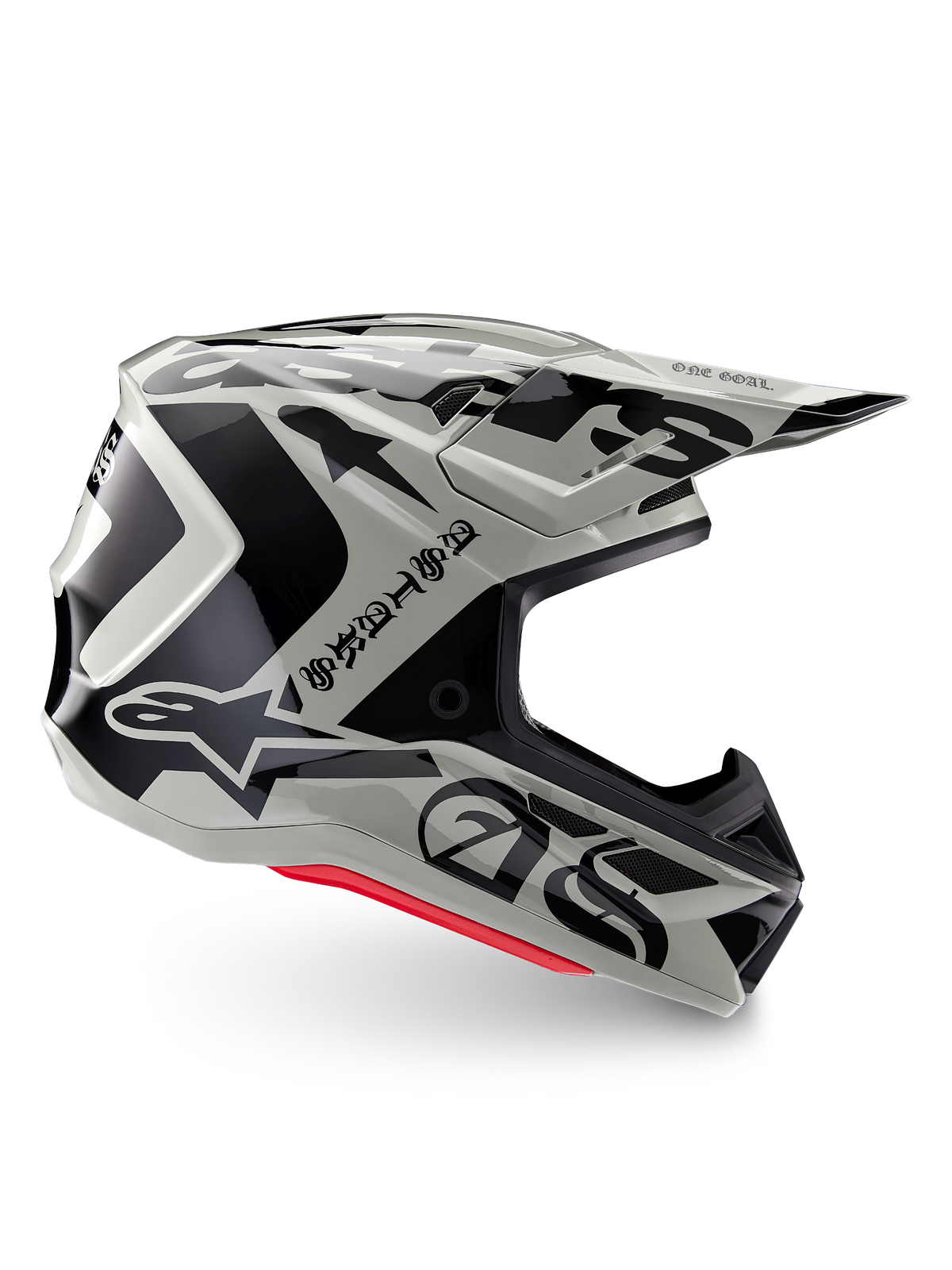 Alpinestars Limited Edition S-M7 Wolf Dust Helmet, Dune Black Glossy motocross helmet, side profile featuring bold black graphics and branding, red base accents, aerodynamic off-road head protection