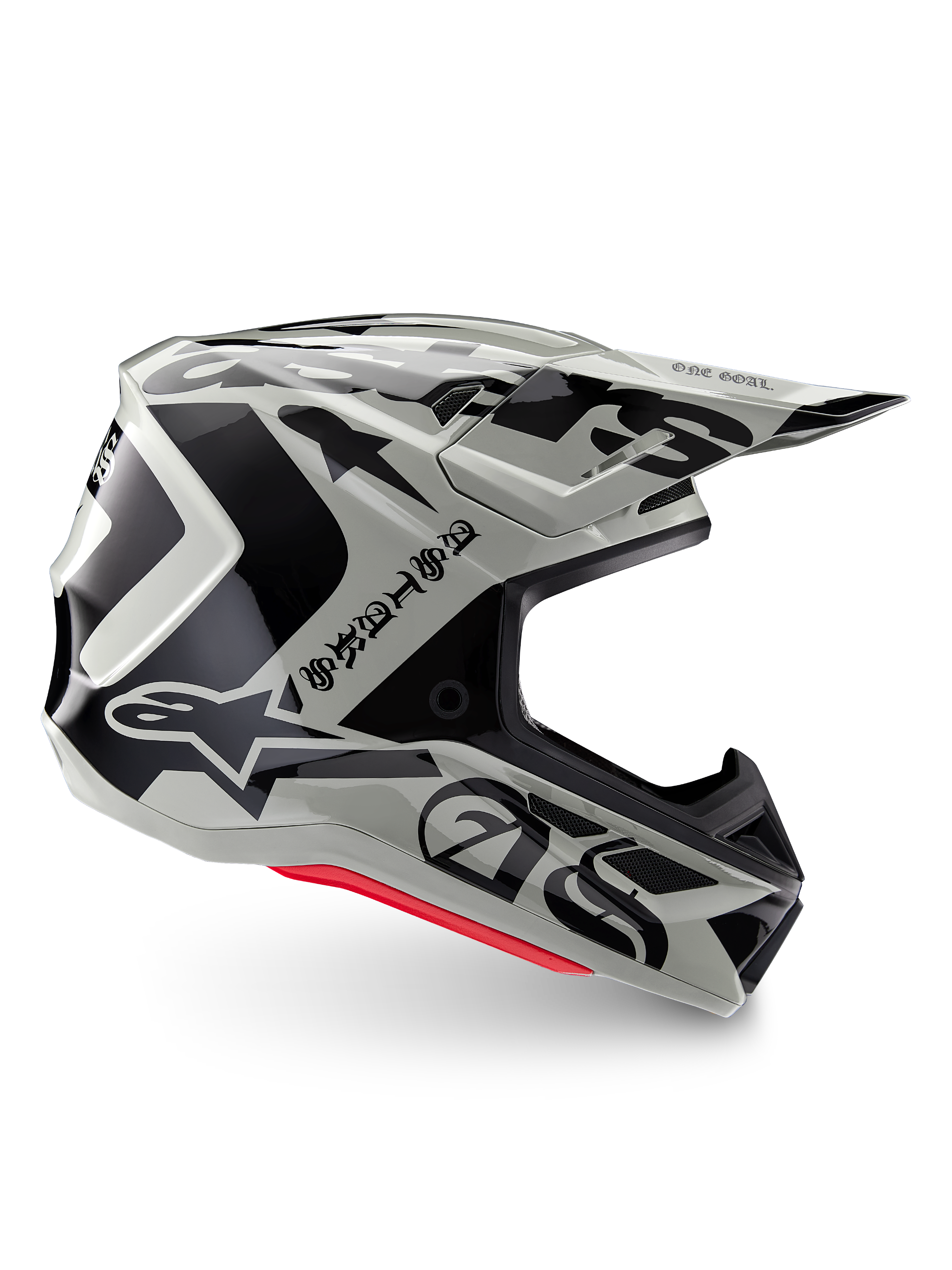 Alpinestars Limited Edition S-M7 Wolf Dust hjelm, Dune Black Glossy motocrosshjelm, sideprofil med markant sort grafik og branding, røde accenter ved bunden, aerodynamisk off-road hovedbeskyttelse