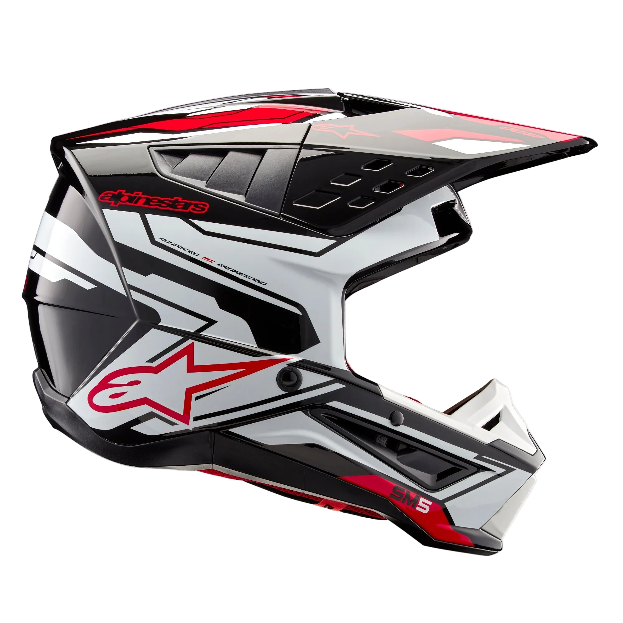 Alpinestars S-M5 Action 2 Helmet ECE, Motocross Helmet, Black White Bright Red Glossy, side profile view showing bold graphics and red star logo, sleek aerodynamic shell with multiple air vents, adjustable visor, high-performance gear for off-road racing