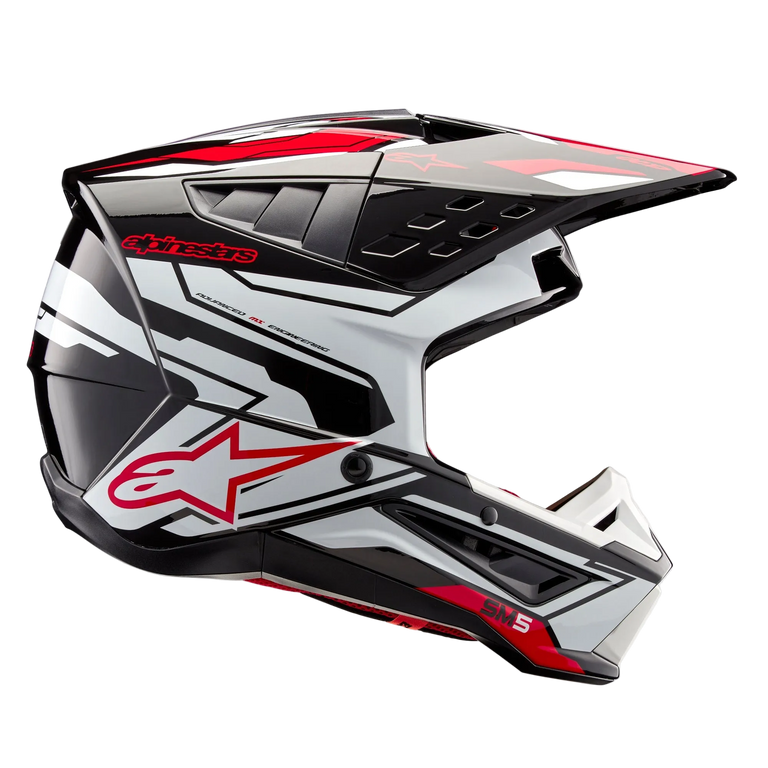 Alpinestars S-M5 Action 2 Helmet ECE, Motocross Helmet, Black White Bright Red Glossy, side profile view showing bold graphics and red star logo, sleek aerodynamic shell with multiple air vents, adjustable visor, high-performance gear for off-road racing