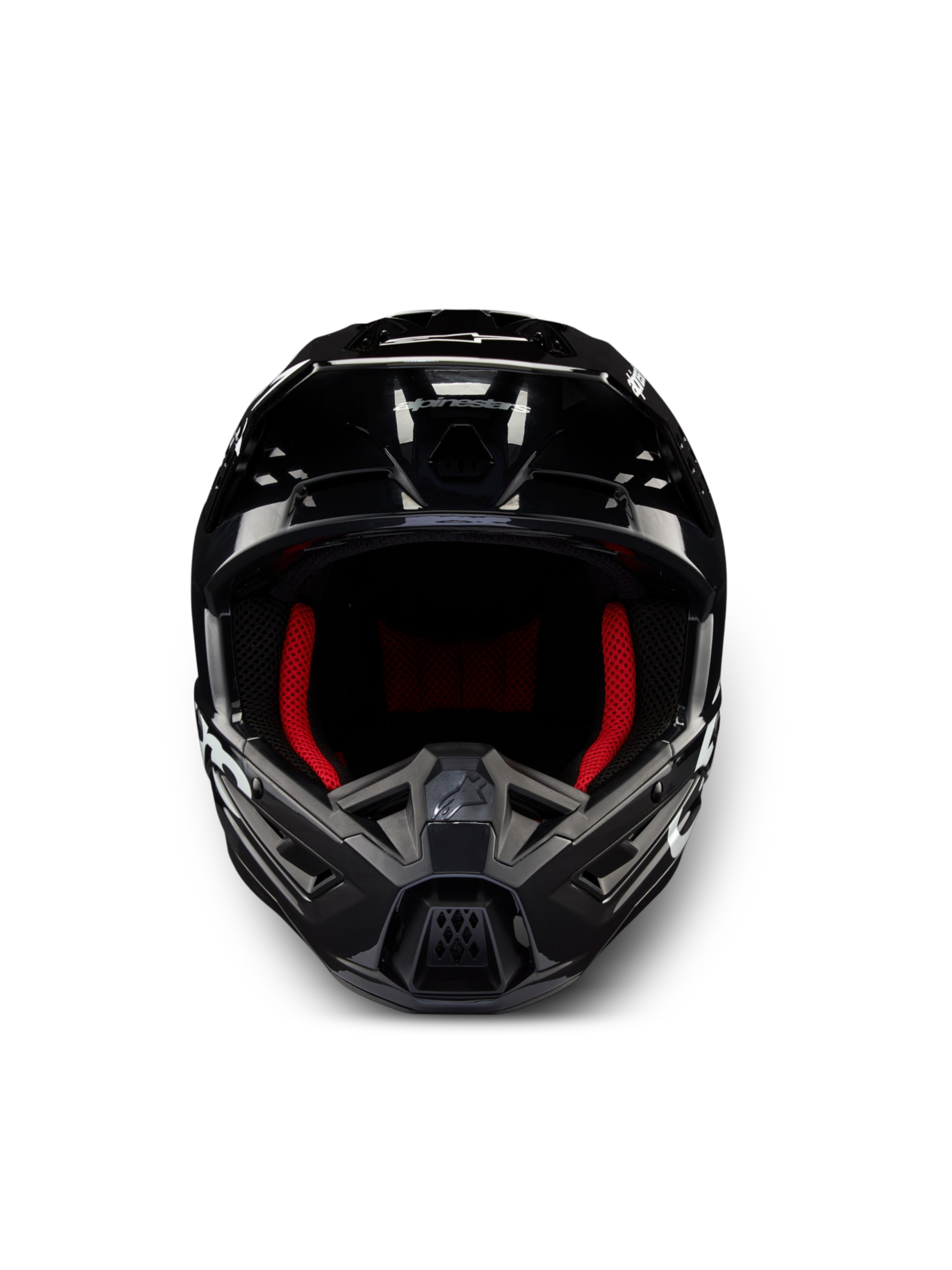 Alpinestars S-M5 Corp motocrosshjelm i mørkegrå blank finish med rødt interiør, ECE 22.06-certificeret beskyttelse.