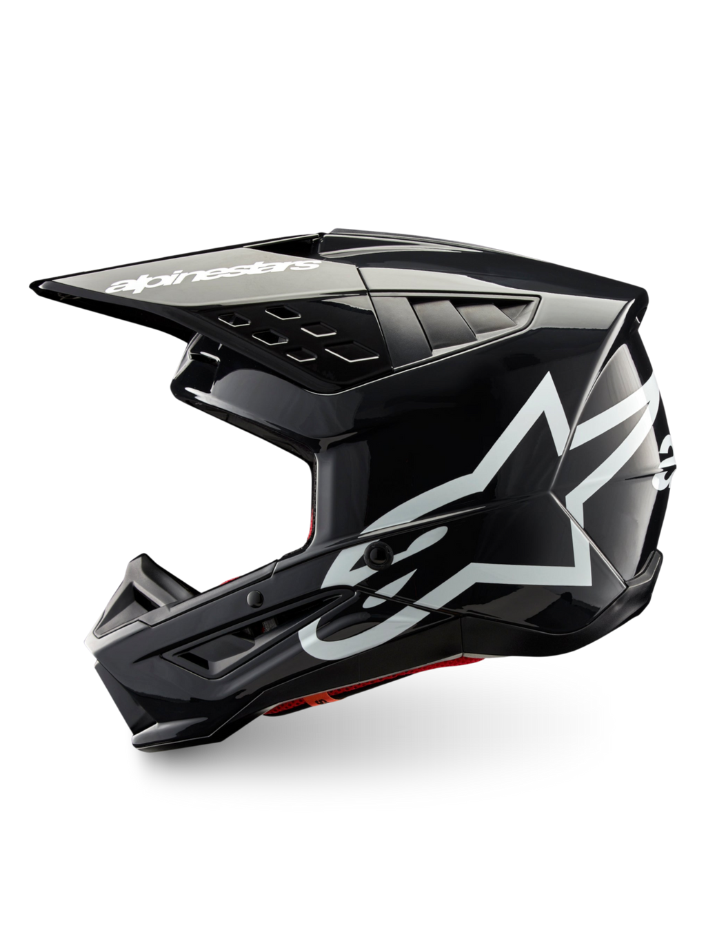 Alpinestars S-M5 Corp hjelm, mørkegrå blank motocrosshjelm med hvide brandlogoer, ECE 22.06-certificeret beskyttelse.