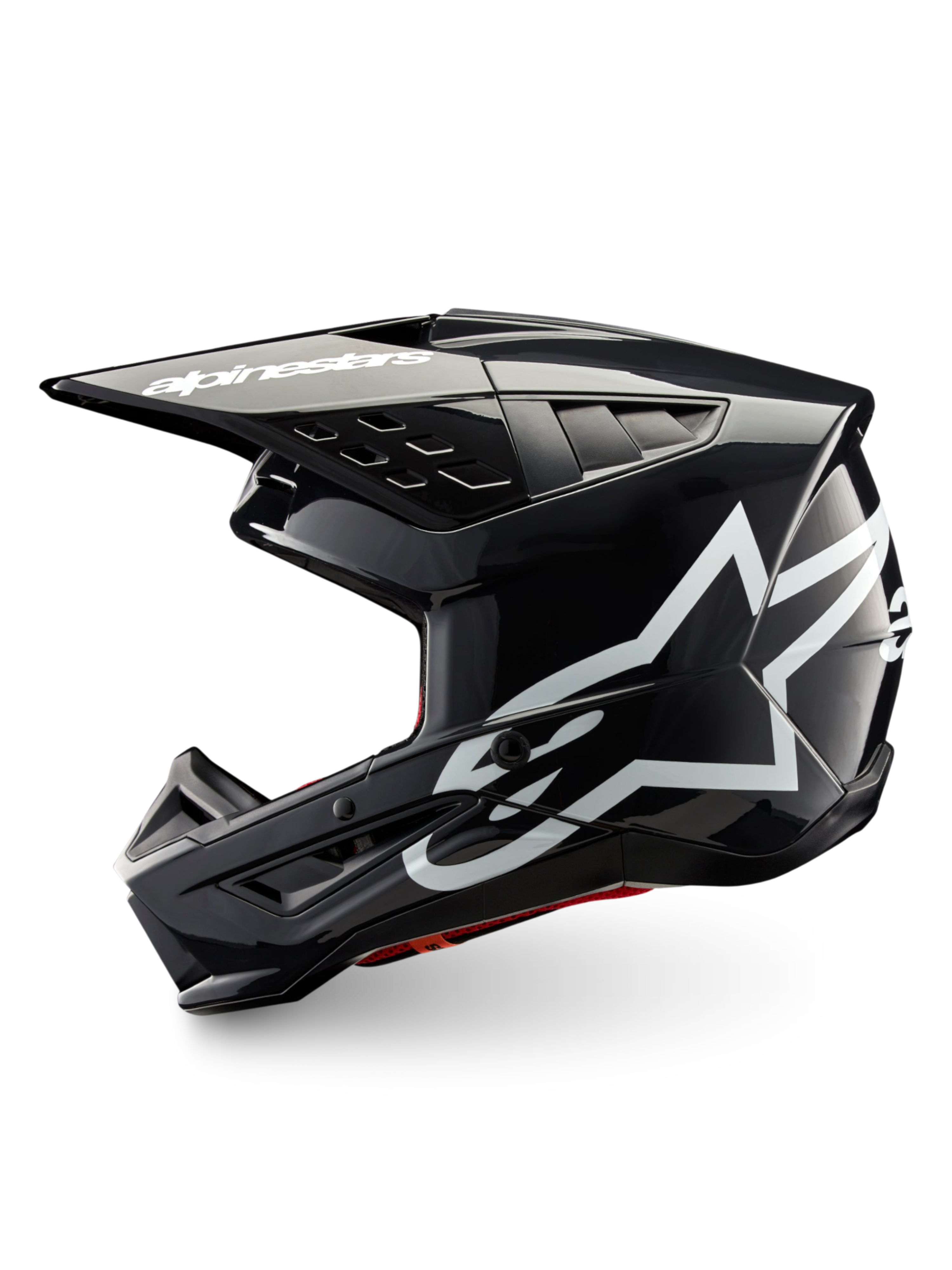 Alpinestars S-M5 Corp hjelm, mørkegrå blank motocrosshjelm med hvide brandlogoer, ECE 22.06-certificeret beskyttelse.