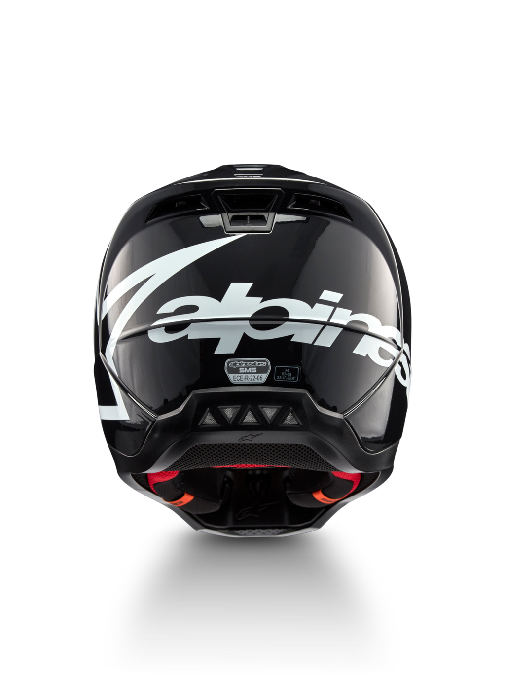 Alpinestars S-M5 Corp hjelm, motocrosshjelm i mørk grå blank, set bagfra med hvidt logo, ECE 22.06-certificeret.