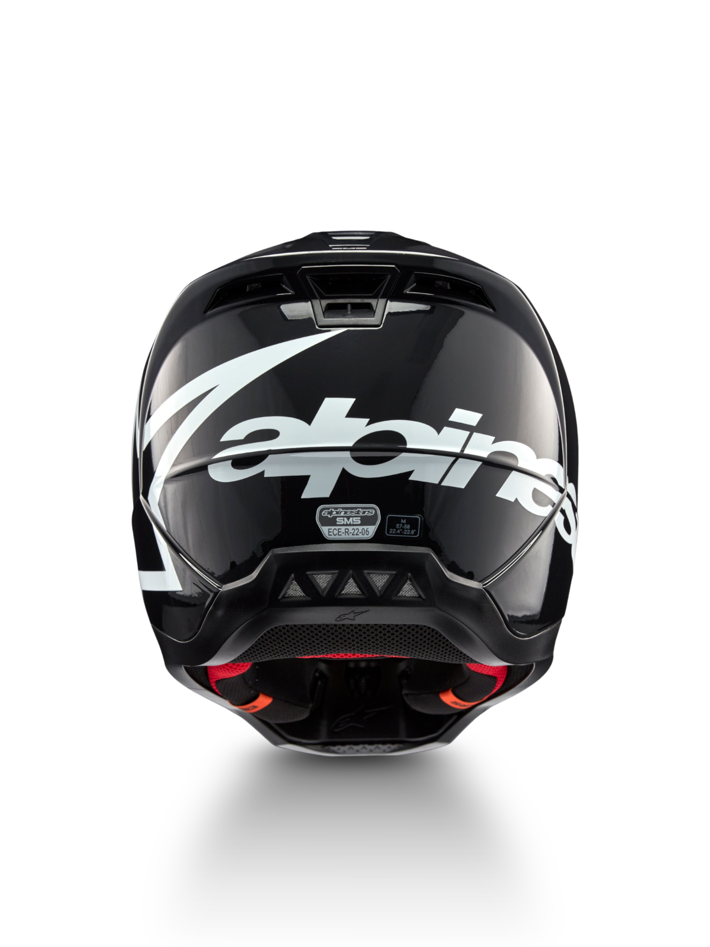Alpinestars S-M5 Corp hjelm, motocrosshjelm i mørk grå blank, set bagfra med hvidt logo, ECE 22.06-certificeret.