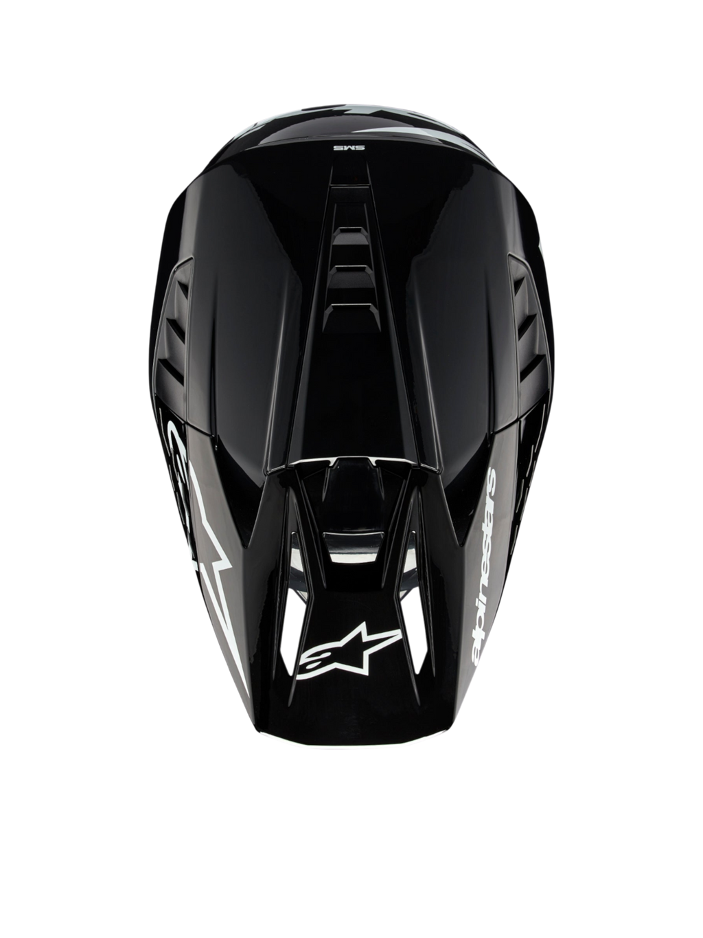 Alpinestars S-M5 Corp motocrosshjelm, mørk grå blank, ECE 22.06-certificeret, set fra oven med fokus på ventilation.