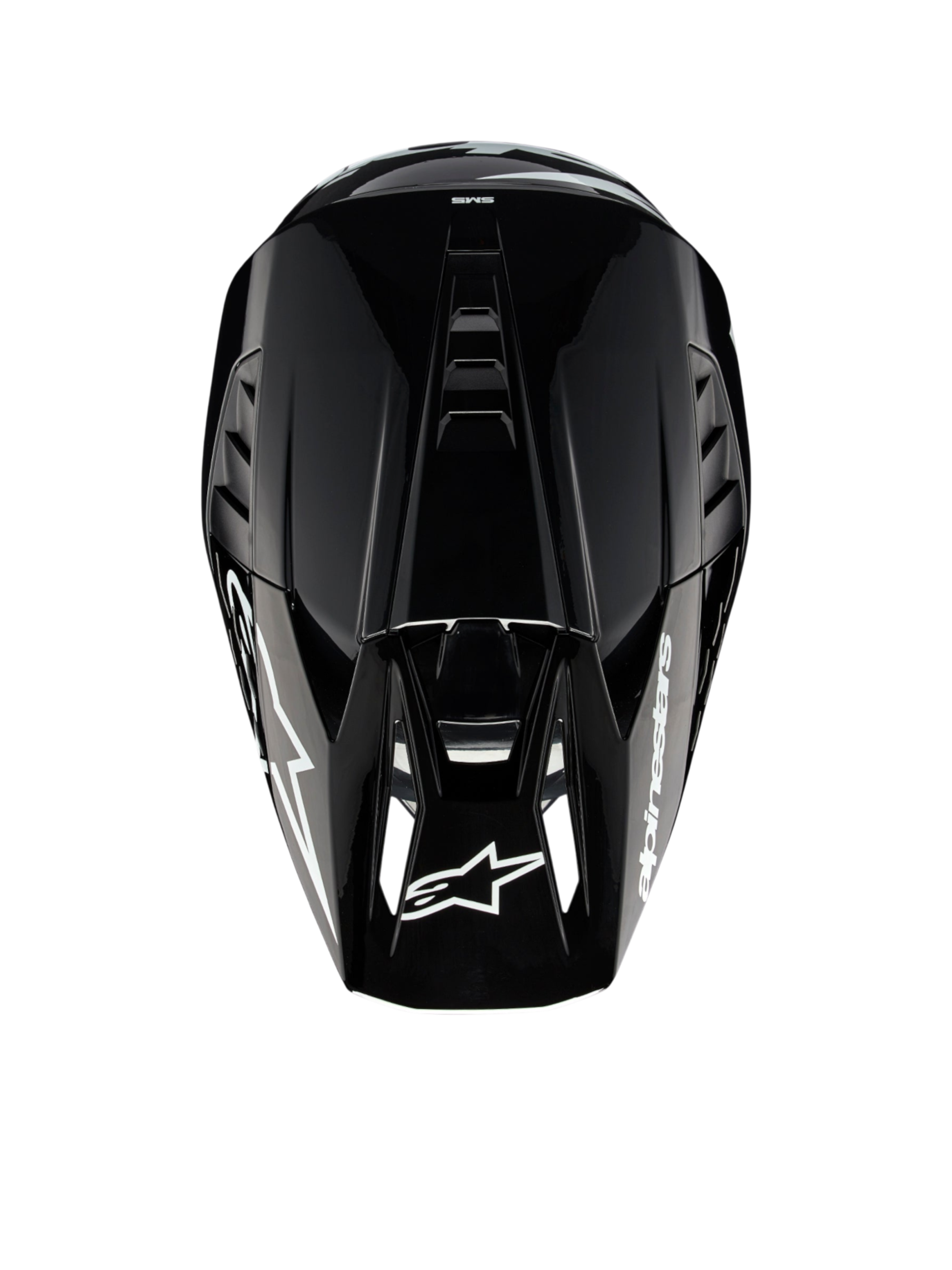 Alpinestars S-M5 Corp motocrosshjelm, mørk grå blank, ECE 22.06-certificeret, set fra oven med fokus på ventilation.